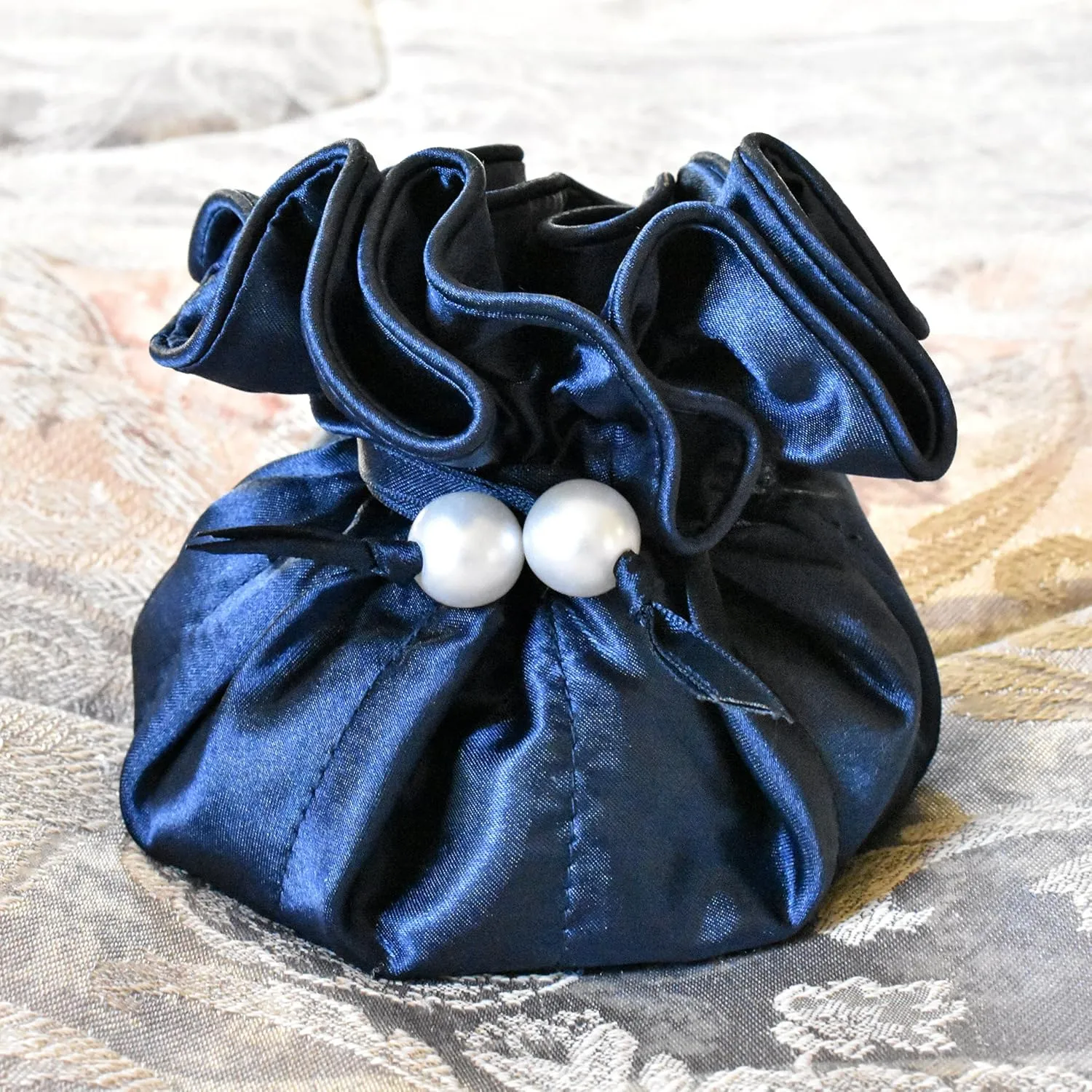 Drawstring Premium Satin 2-in-1 Jewelry Pouch Travel Gift Bag Accessory, 16 Pockets, Dark Blue