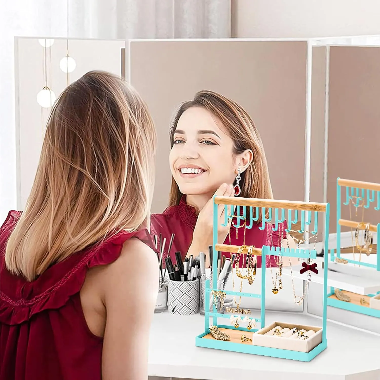 DreamGenius Jewelry Organizer Stand with Velvet Ring Holder, 4 Tier Jewelry Holder Organizer with 15 Hooks for Necklaces and 16 Holes for Earrings, Blue