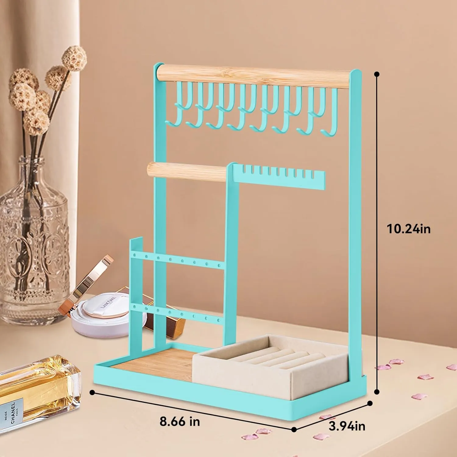 DreamGenius Jewelry Organizer Stand with Velvet Ring Holder, 4 Tier Jewelry Holder Organizer with 15 Hooks for Necklaces and 16 Holes for Earrings, Blue