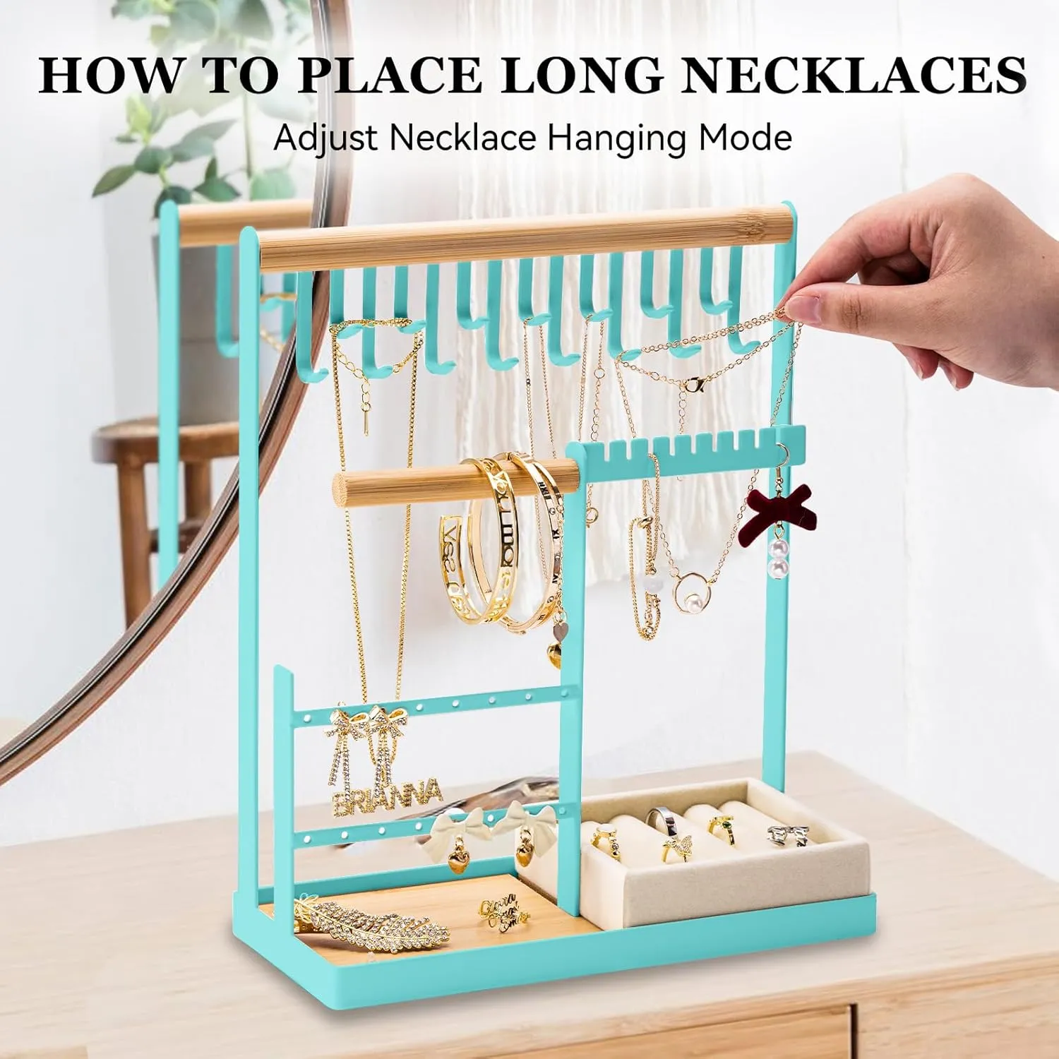 DreamGenius Jewelry Organizer Stand with Velvet Ring Holder, 4 Tier Jewelry Holder Organizer with 15 Hooks for Necklaces and 16 Holes for Earrings, Blue