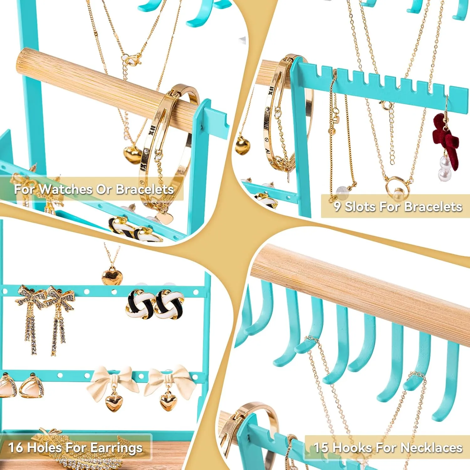 DreamGenius Jewelry Organizer Stand with Velvet Ring Holder, 4 Tier Jewelry Holder Organizer with 15 Hooks for Necklaces and 16 Holes for Earrings, Blue