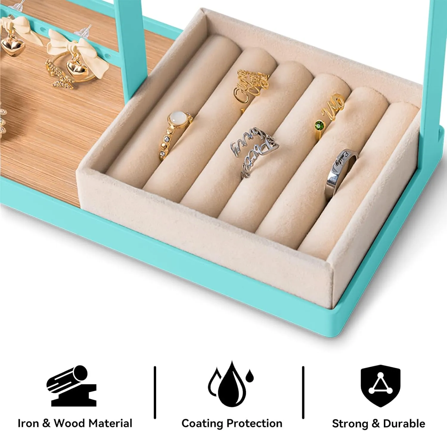 DreamGenius Jewelry Organizer Stand with Velvet Ring Holder, 4 Tier Jewelry Holder Organizer with 15 Hooks for Necklaces and 16 Holes for Earrings, Blue