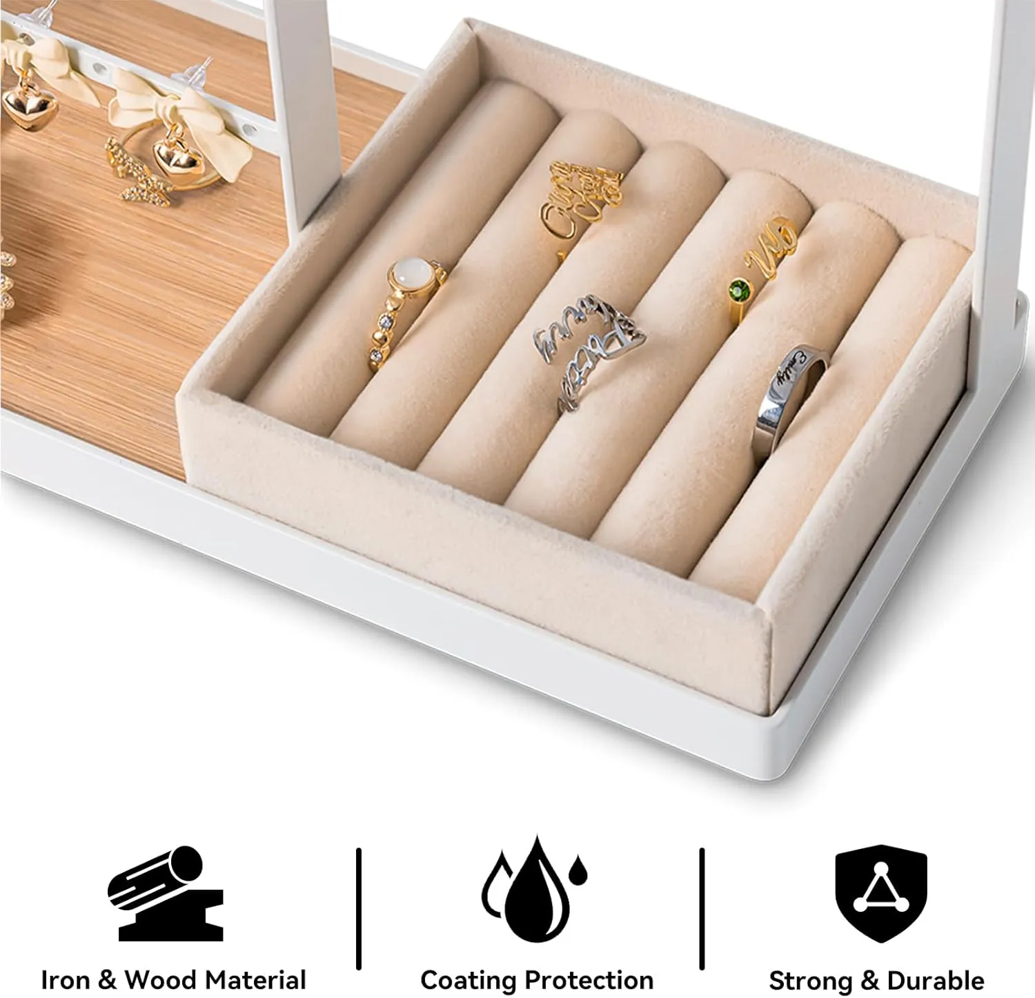 DreamGenius Jewelry Organizer Stand with Velvet Ring Holder, 4 Tier Jewelry Holder Organizer with 15 Hooks for Necklaces and 16 Holes for Earrings, White