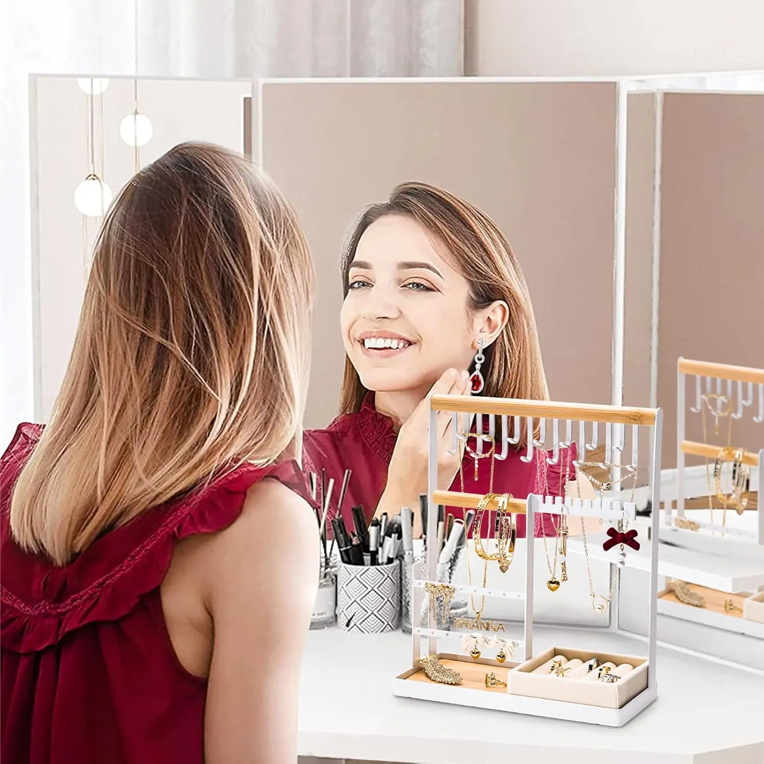 DreamGenius Jewelry Organizer Stand with Velvet Ring Holder, 4 Tier Jewelry Holder Organizer with 15 Hooks for Necklaces and 16 Holes for Earrings, White