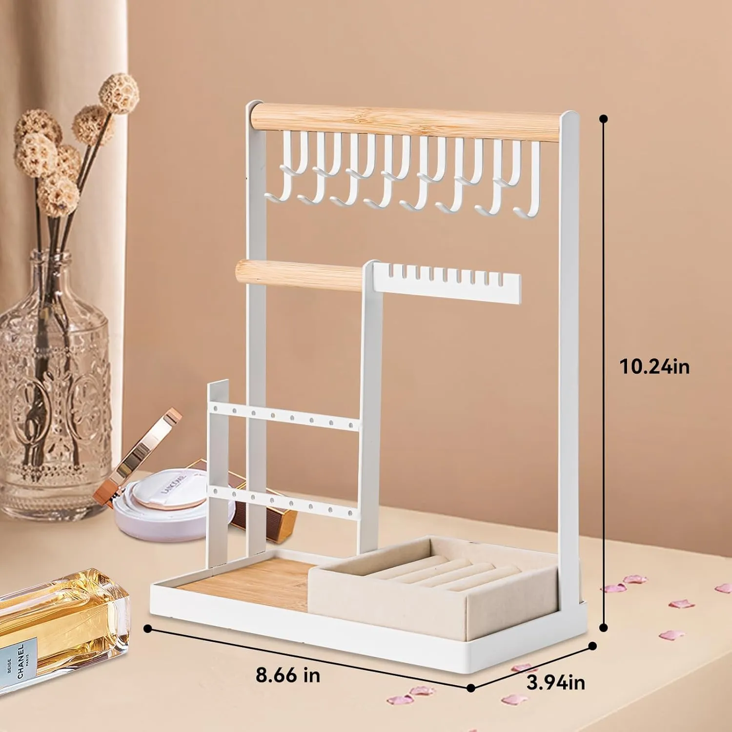 DreamGenius Jewelry Organizer Stand with Velvet Ring Holder, 4 Tier Jewelry Holder Organizer with 15 Hooks for Necklaces and 16 Holes for Earrings, White