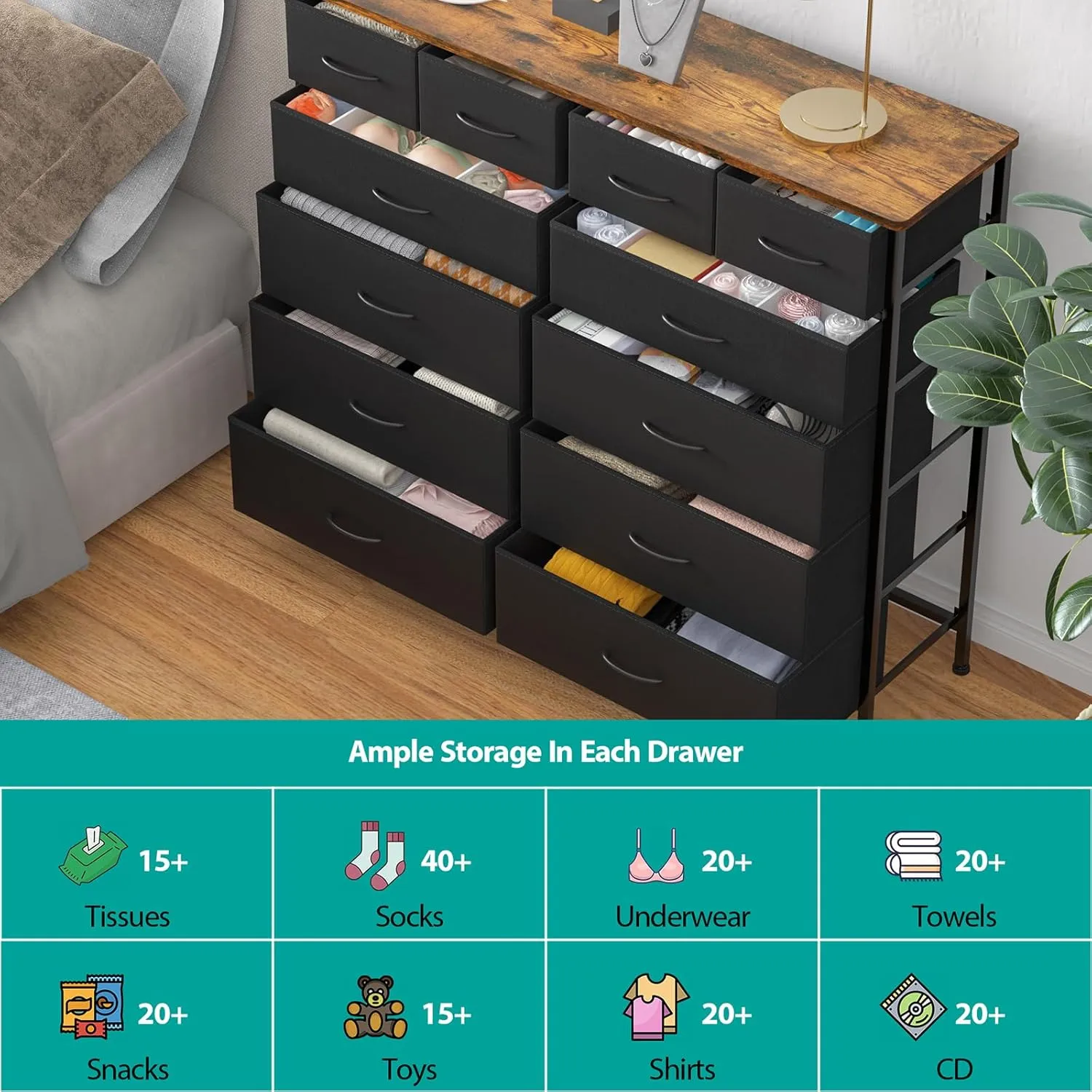 Dresser for Bedroom with 12 Drawers, Tall Fabric Drawer Dresser, Compact Chest of Drawers for Closet, Nursery, Bedside, Living Room, Laundry, Entryway, Hallway