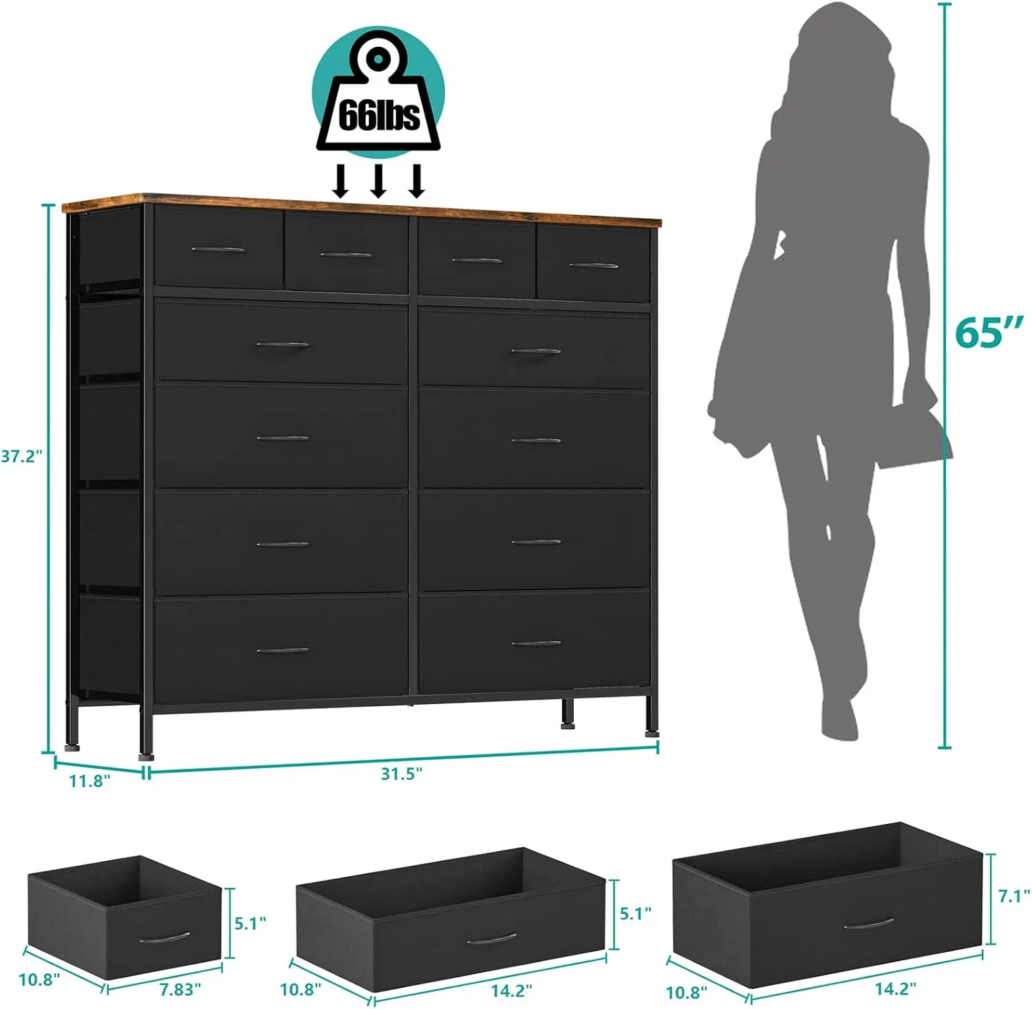 Dresser for Bedroom with 12 Drawers, Tall Fabric Drawer Dresser, Compact Chest of Drawers for Closet, Nursery, Bedside, Living Room, Laundry, Entryway, Hallway