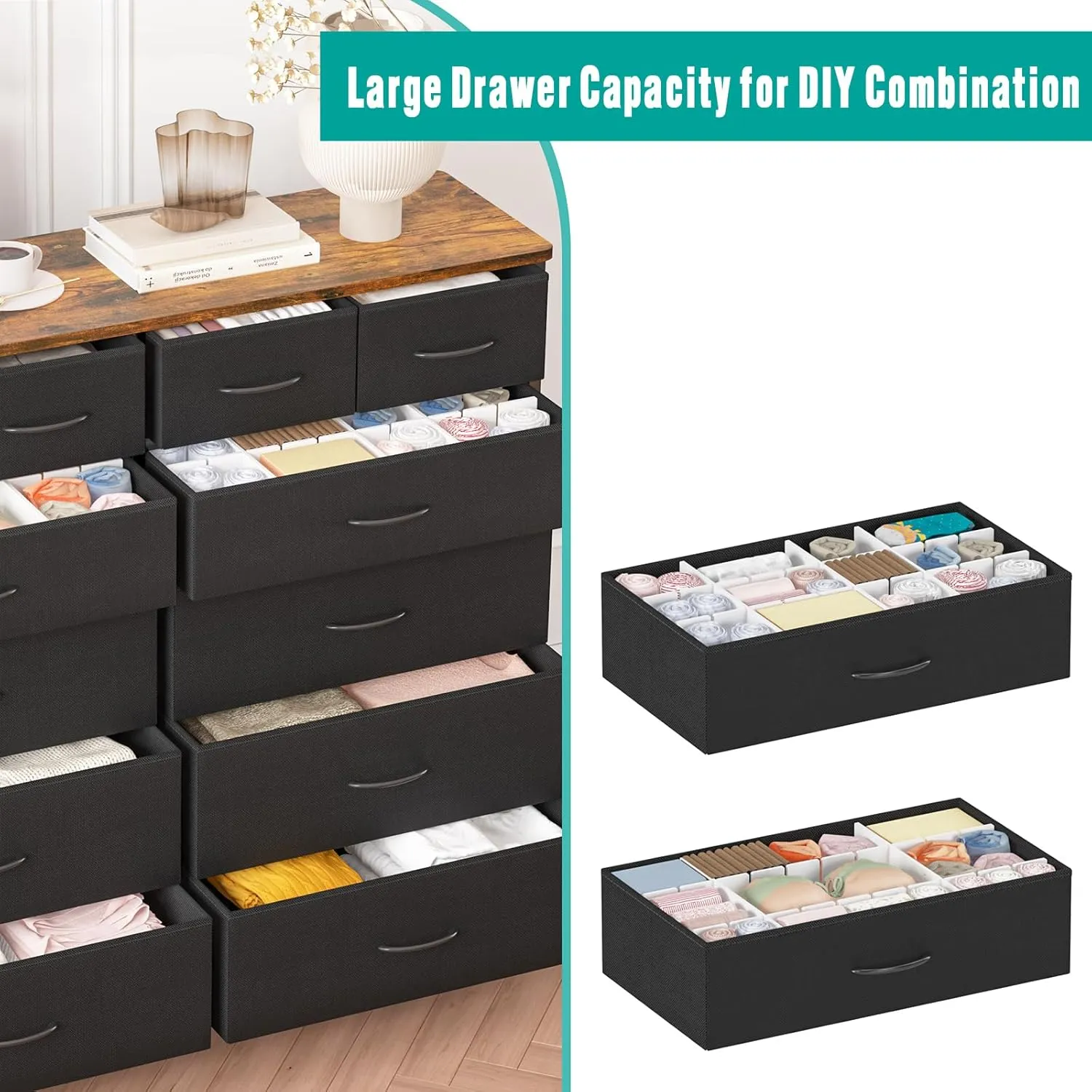 Dresser for Bedroom with 12 Drawers, Tall Fabric Drawer Dresser, Compact Chest of Drawers for Closet, Nursery, Bedside, Living Room, Laundry, Entryway, Hallway