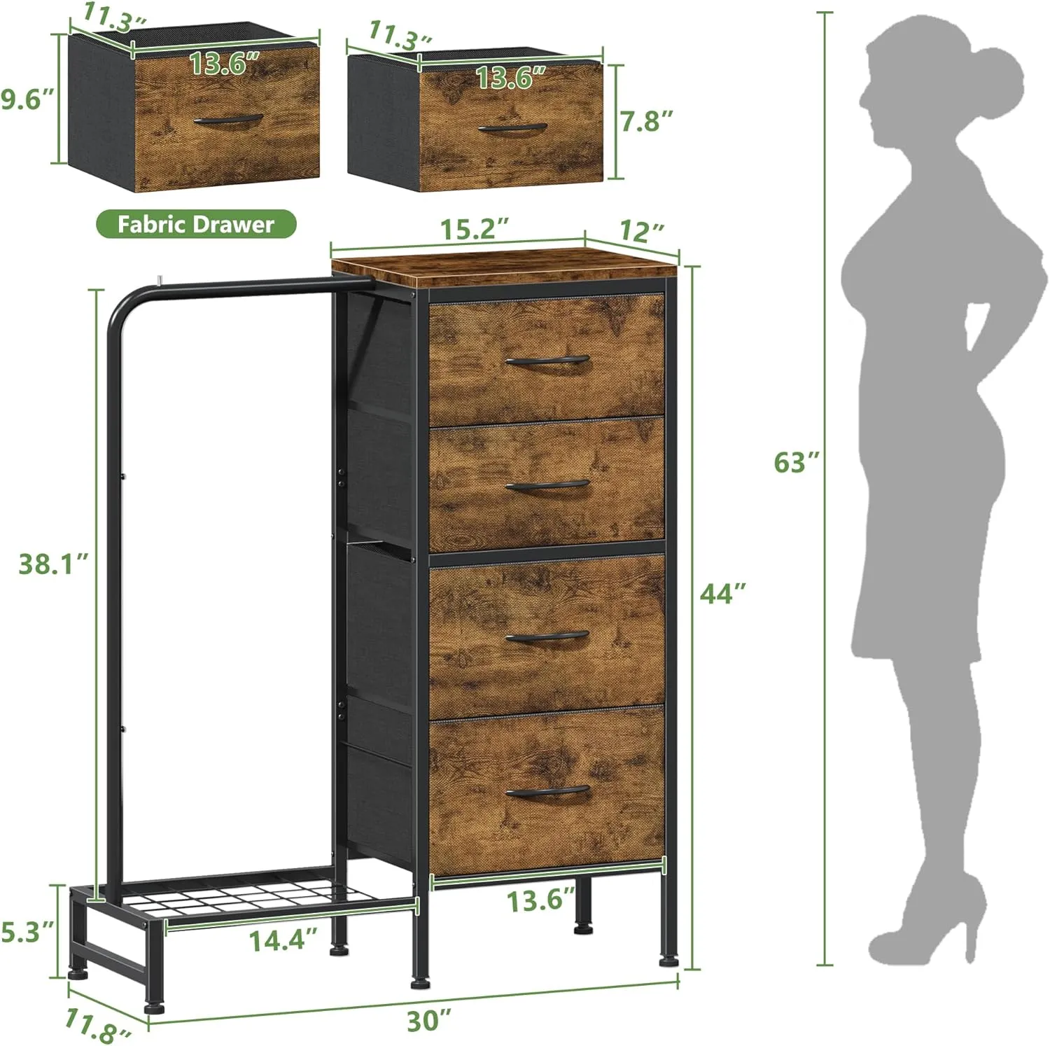 Dresser with Hanging Rack, 4 Drawers Small for Bedroom, Reversible Fabric Kids Dresser for Closet with Clothes Rack, Tall Chest of Drawers, Sturdy Frame, Rustic Brown, 44''H
