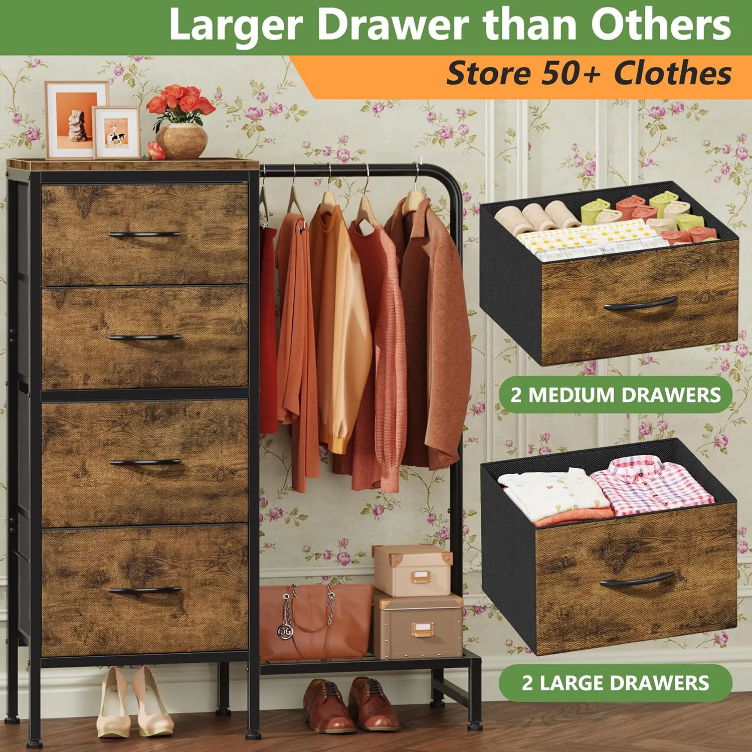 Dresser with Hanging Rack, 4 Drawers Small for Bedroom, Reversible Fabric Kids Dresser for Closet with Clothes Rack, Tall Chest of Drawers, Sturdy Frame, Rustic Brown, 44''H