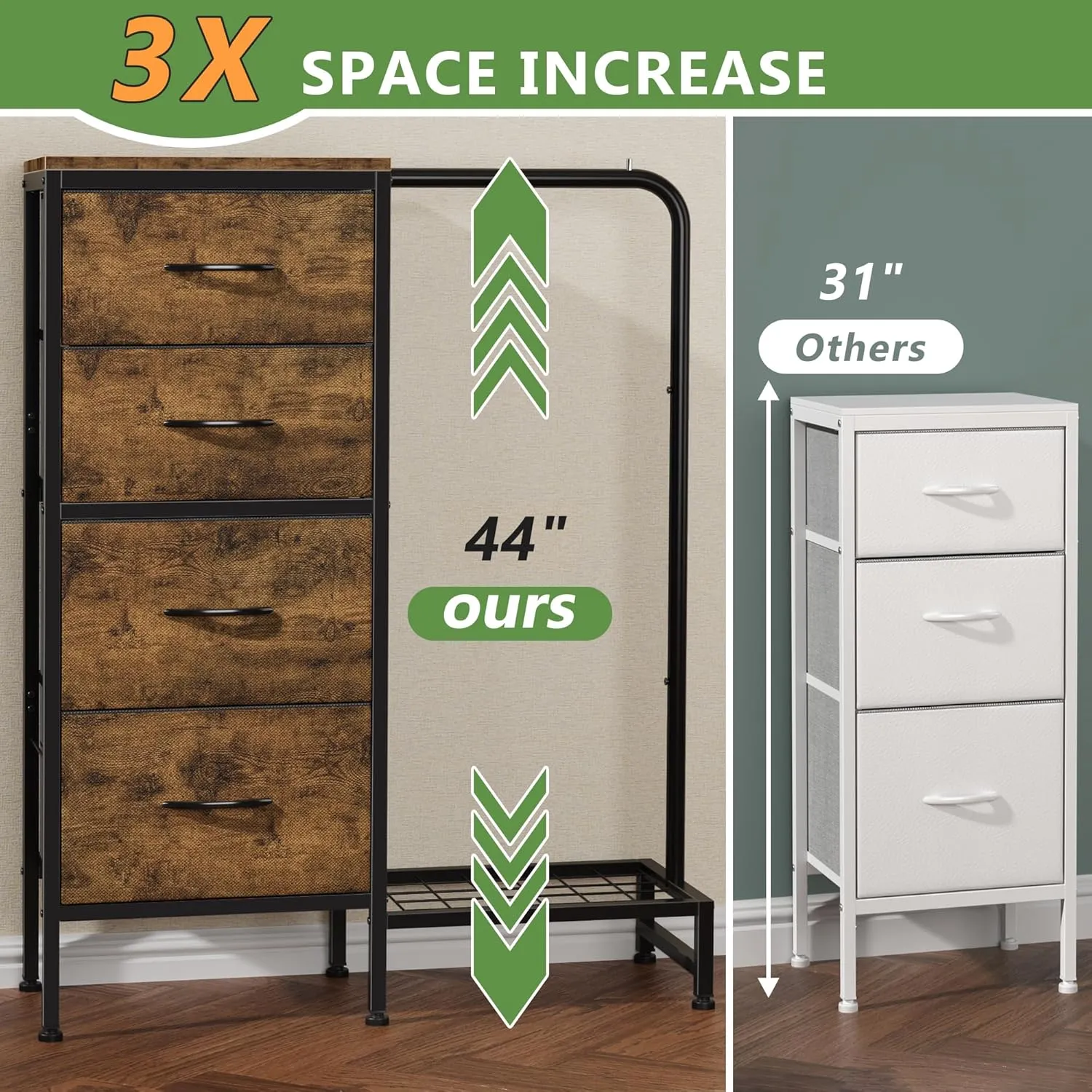 Dresser with Hanging Rack, 4 Drawers Small for Bedroom, Reversible Fabric Kids Dresser for Closet with Clothes Rack, Tall Chest of Drawers, Sturdy Frame, Rustic Brown, 44''H