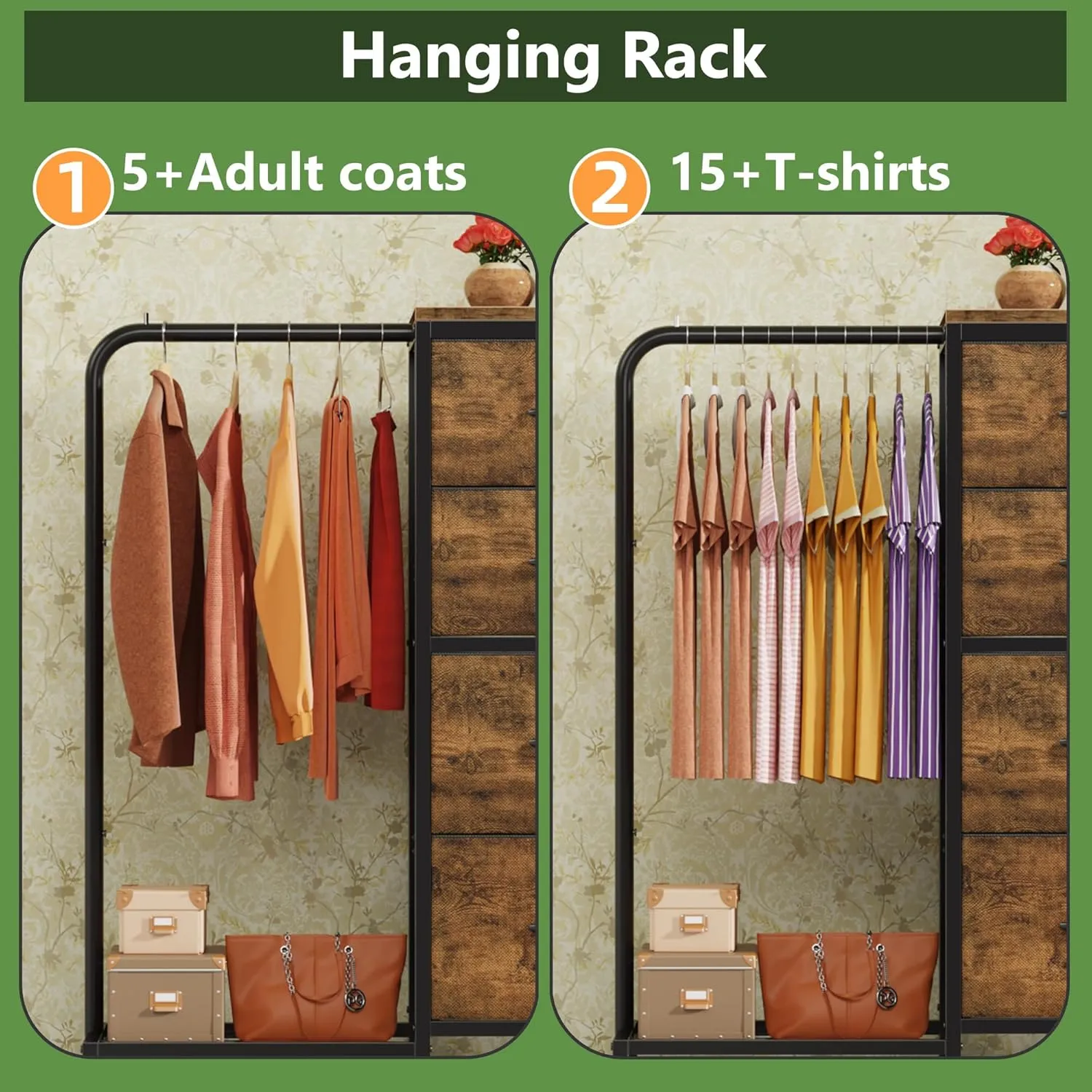Dresser with Hanging Rack, 4 Drawers Small for Bedroom, Reversible Fabric Kids Dresser for Closet with Clothes Rack, Tall Chest of Drawers, Sturdy Frame, Rustic Brown, 44''H