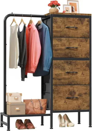 Dresser with Hanging Rack, 4 Drawers Small for Bedroom, Reversible Fabric Kids Dresser for Closet with Clothes Rack, Tall Chest of Drawers, Sturdy Frame, Rustic Brown, 44''H