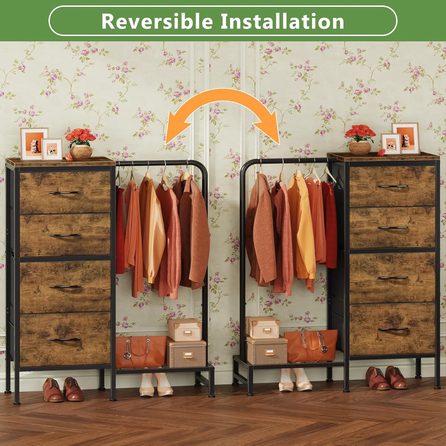 Dresser with Hanging Rack, 4 Drawers Small for Bedroom, Reversible Fabric Kids Dresser for Closet with Clothes Rack, Tall Chest of Drawers, Sturdy Frame, Rustic Brown, 44''H