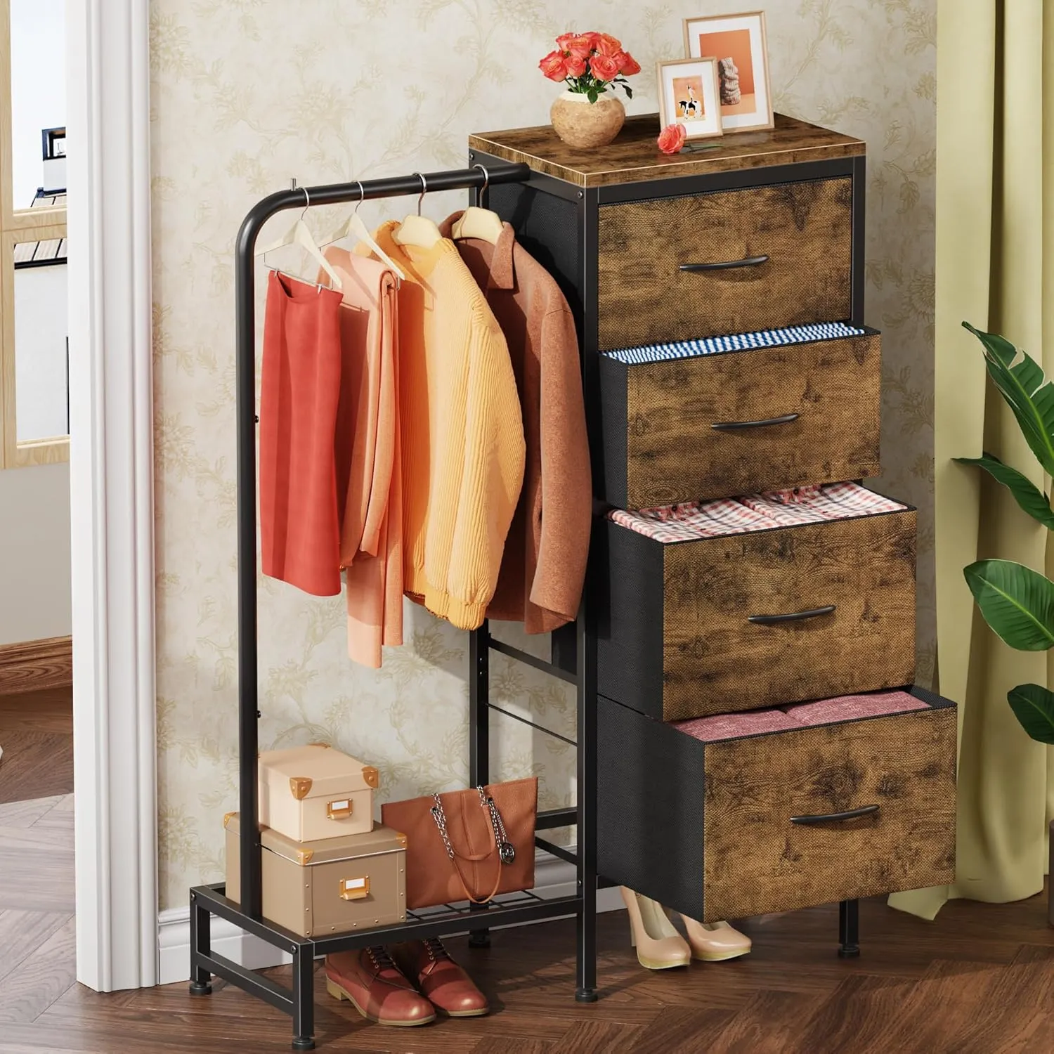 Dresser with Hanging Rack, 4 Drawers Small for Bedroom, Reversible Fabric Kids Dresser for Closet with Clothes Rack, Tall Chest of Drawers, Sturdy Frame, Rustic Brown, 44''H