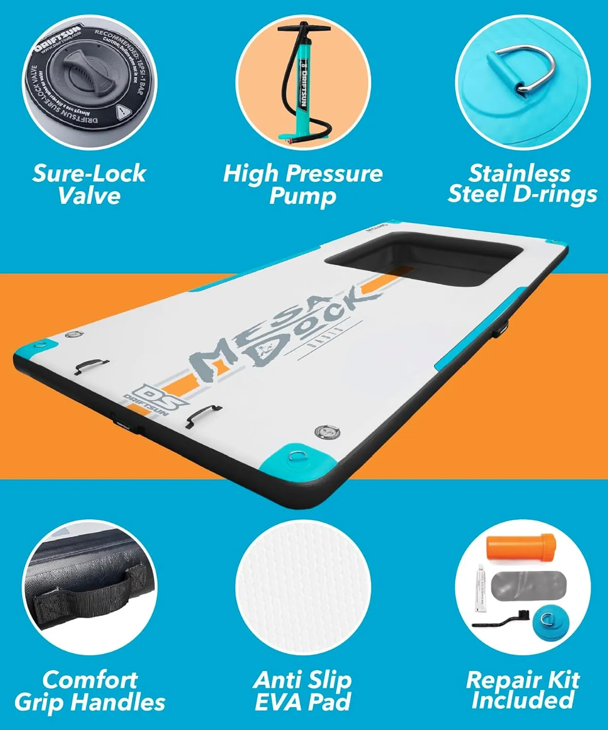 Driftsun Inflatable Floating Dock Platform - Mesa Dock Floats, Floating Docks for Lakes & Boats, Inflatable Island, Swim Platform Quick Inflation, Floating Mats for The Water