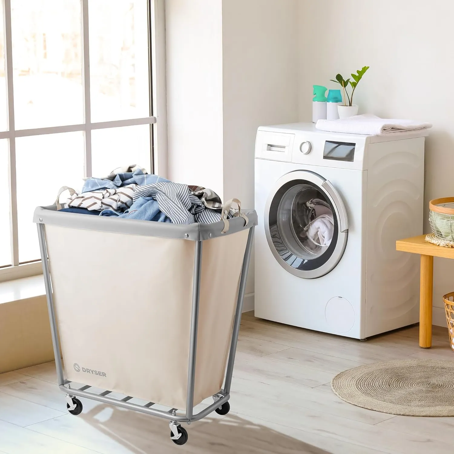 Dryser Large Commercial Heavy-Duty Rolling Laundry Hamper, Steel Frame Cart on Wheels with Removable Canvas Bin for Hotel or Home - White