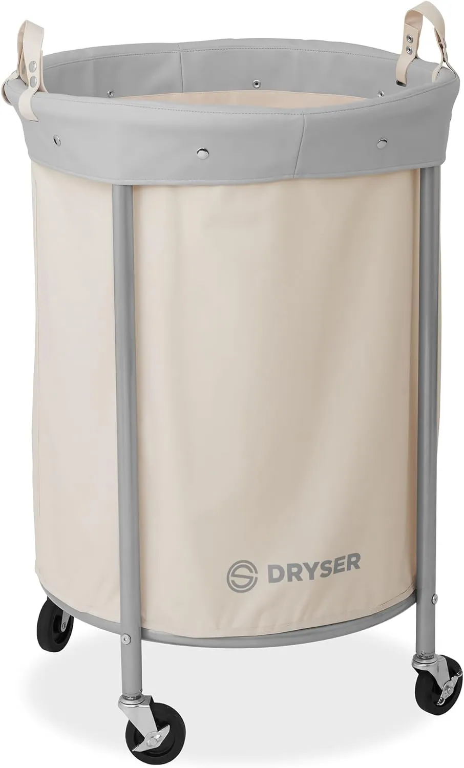 Dryser Laundry Basket with Wheels, 65 Gal. Commercial Round Rolling Laundry Hamper with Steel Cart, 4 Casters and 2 Brakes, Removable Liner - White