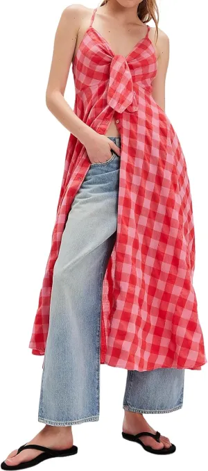 Dsewpuar Summer Gingham Bow Tie Button Front Maxi Dress for Women Sleeveless V Neck Beach Vacation Boho Flowy Long Dress