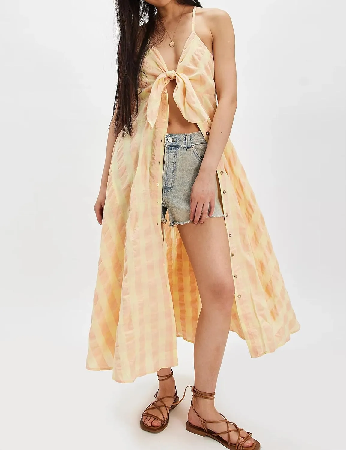Dsewpuar Summer Gingham Bow Tie Button Front Maxi Dress for Women Sleeveless V Neck Beach Vacation Boho Flowy Long Dress