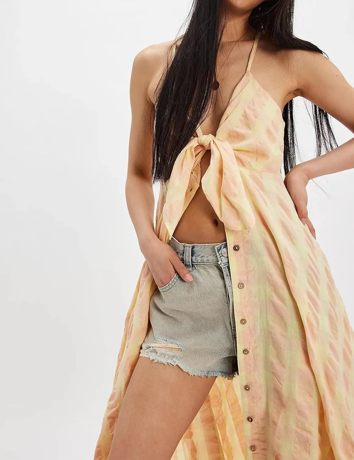 Dsewpuar Summer Gingham Bow Tie Button Front Maxi Dress for Women Sleeveless V Neck Beach Vacation Boho Flowy Long Dress