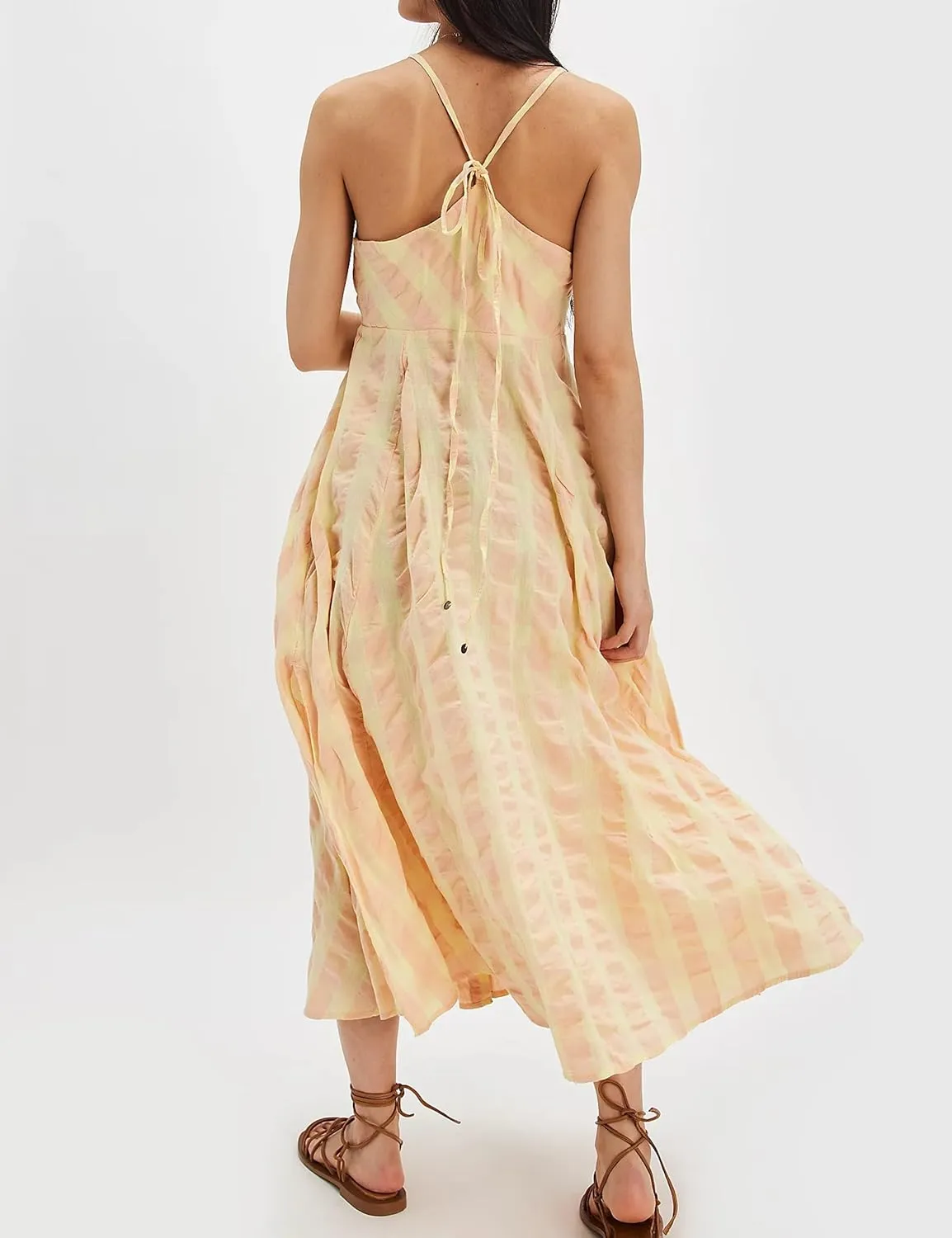 Dsewpuar Summer Gingham Bow Tie Button Front Maxi Dress for Women Sleeveless V Neck Beach Vacation Boho Flowy Long Dress