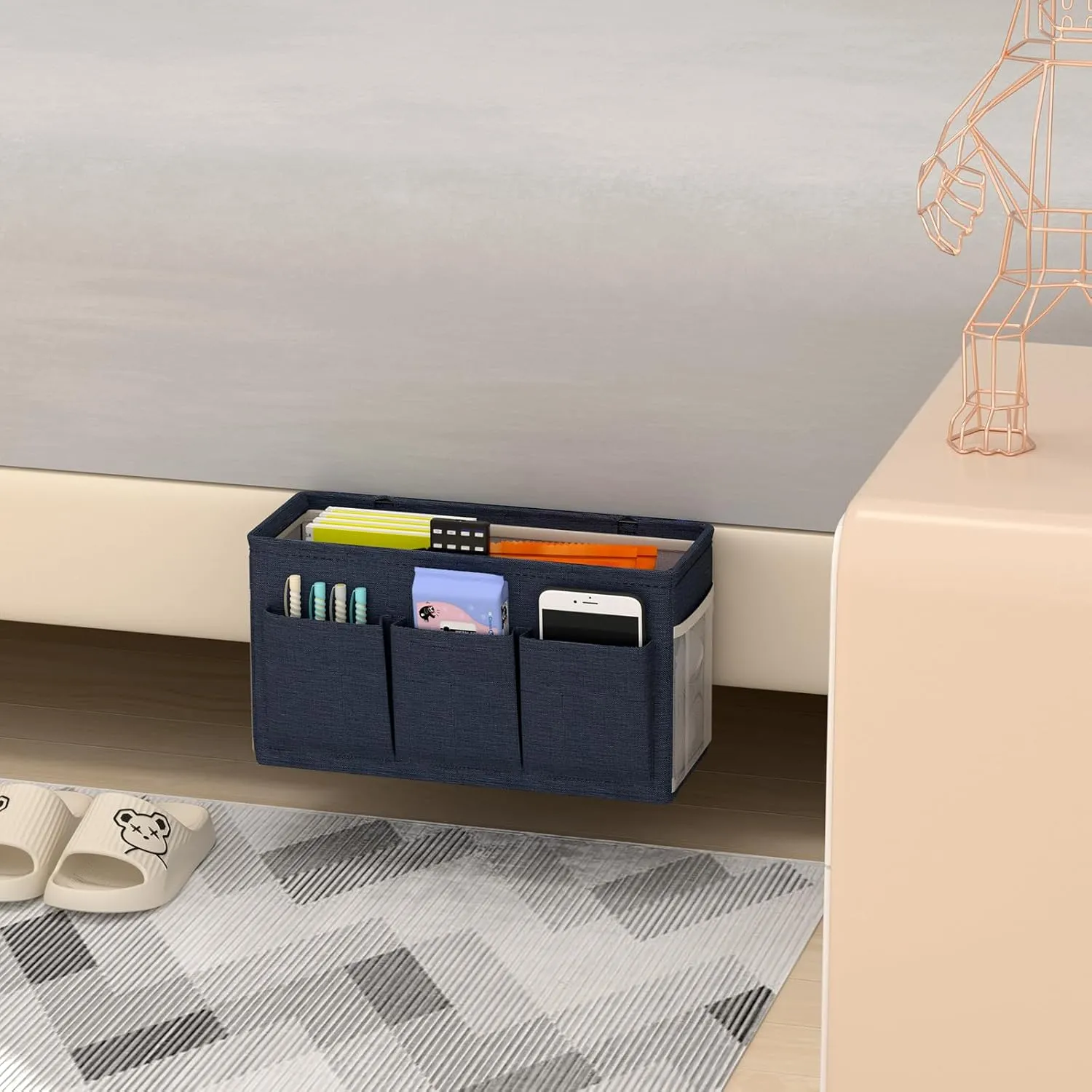 Dual-purpose Bedside Caddy Bedside Organizer, Bed Caddy with 6 Pockets, Versatile Bedside Storage Solution Magazine Remotes holder, ideal for Home, Dorm, Hospital, Crib Bed (Navy 2pcs)