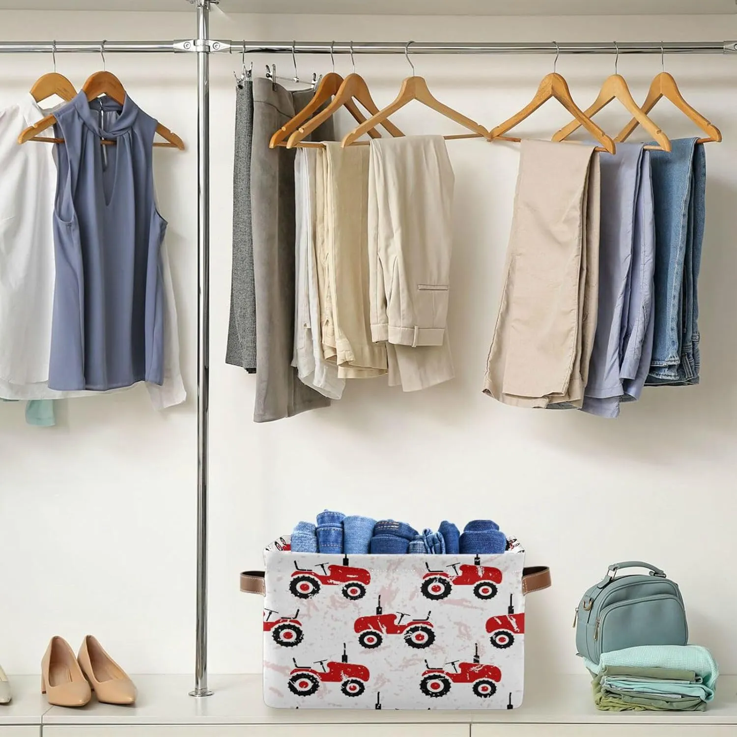Dussdil Red Old Wheeled Tractors Storage Basket Fabric Kitchen Baskets Storage Bins Boxes Foldable Organizer Bags for Baby Cloth Pet Toys Books Shelf Closet Playroom Laundry Baskets 2PCS