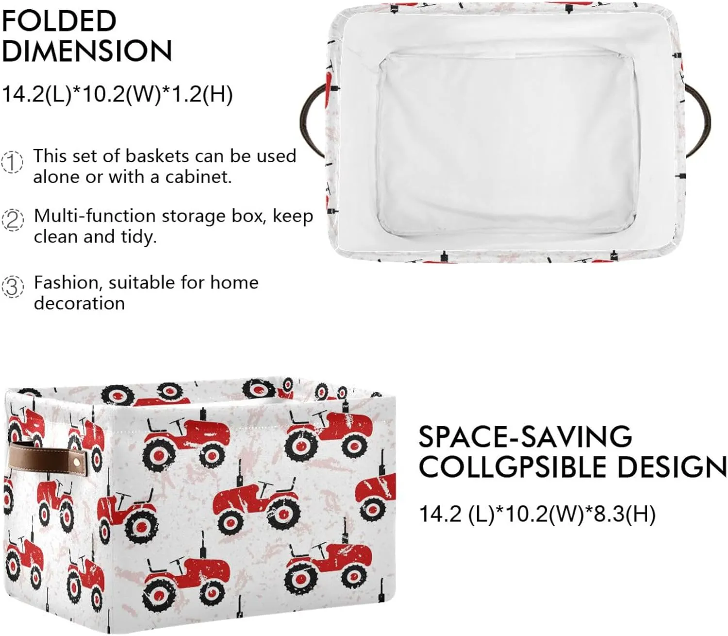 Dussdil Red Old Wheeled Tractors Storage Basket Fabric Kitchen Baskets Storage Bins Boxes Foldable Organizer Bags for Baby Cloth Pet Toys Books Shelf Closet Playroom Laundry Baskets 2PCS