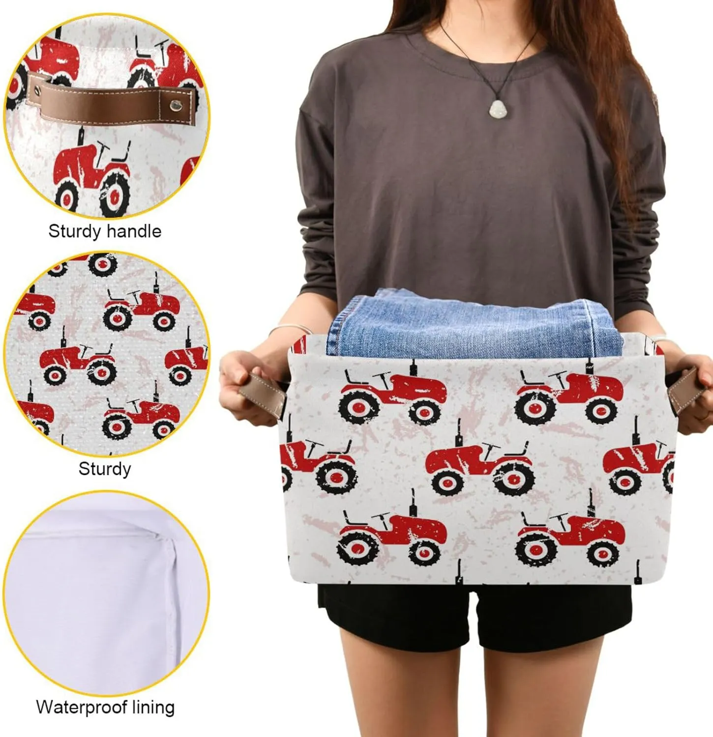 Dussdil Red Old Wheeled Tractors Storage Basket Fabric Kitchen Baskets Storage Bins Boxes Foldable Organizer Bags for Baby Cloth Pet Toys Books Shelf Closet Playroom Laundry Baskets 2PCS