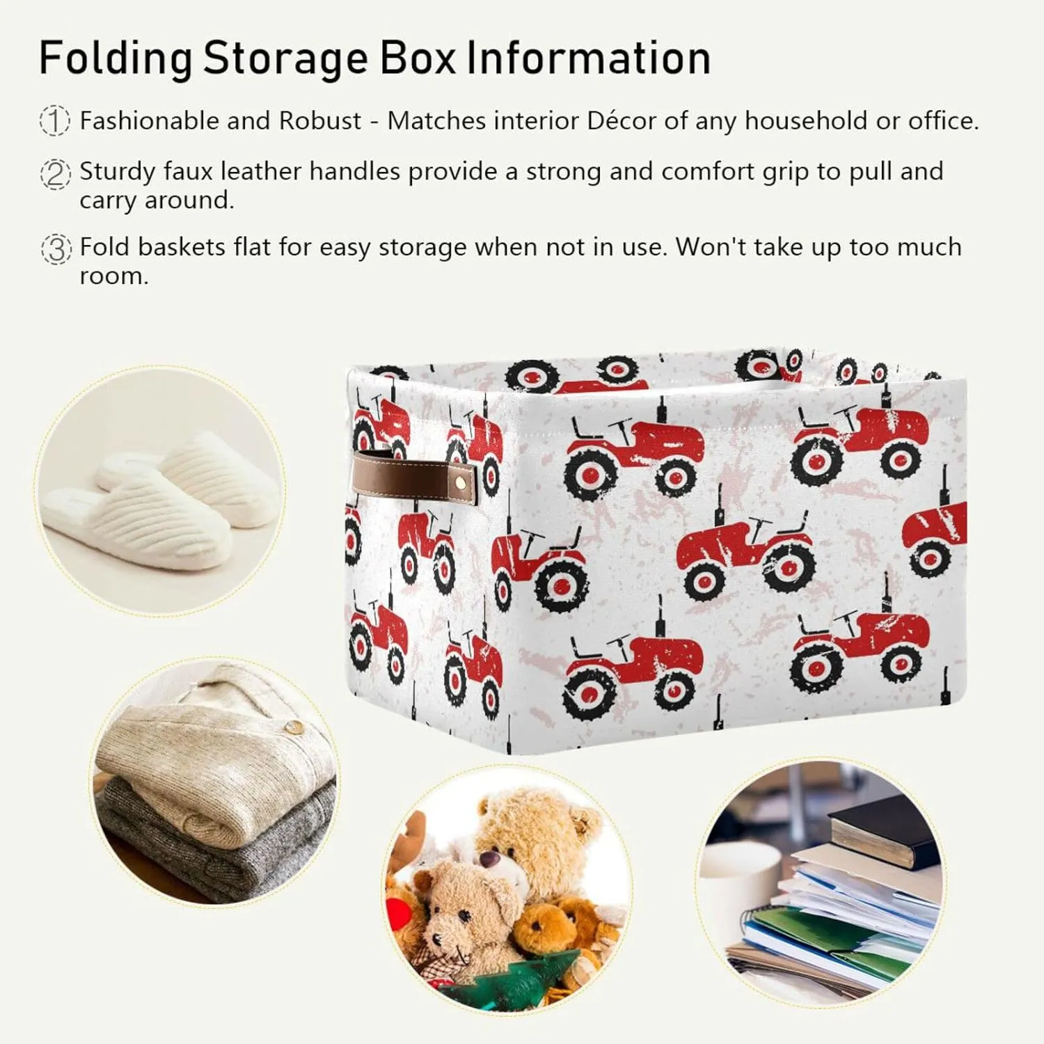 Dussdil Red Old Wheeled Tractors Storage Basket Fabric Kitchen Baskets Storage Bins Boxes Foldable Organizer Bags for Baby Cloth Pet Toys Books Shelf Closet Playroom Laundry Baskets 2PCS