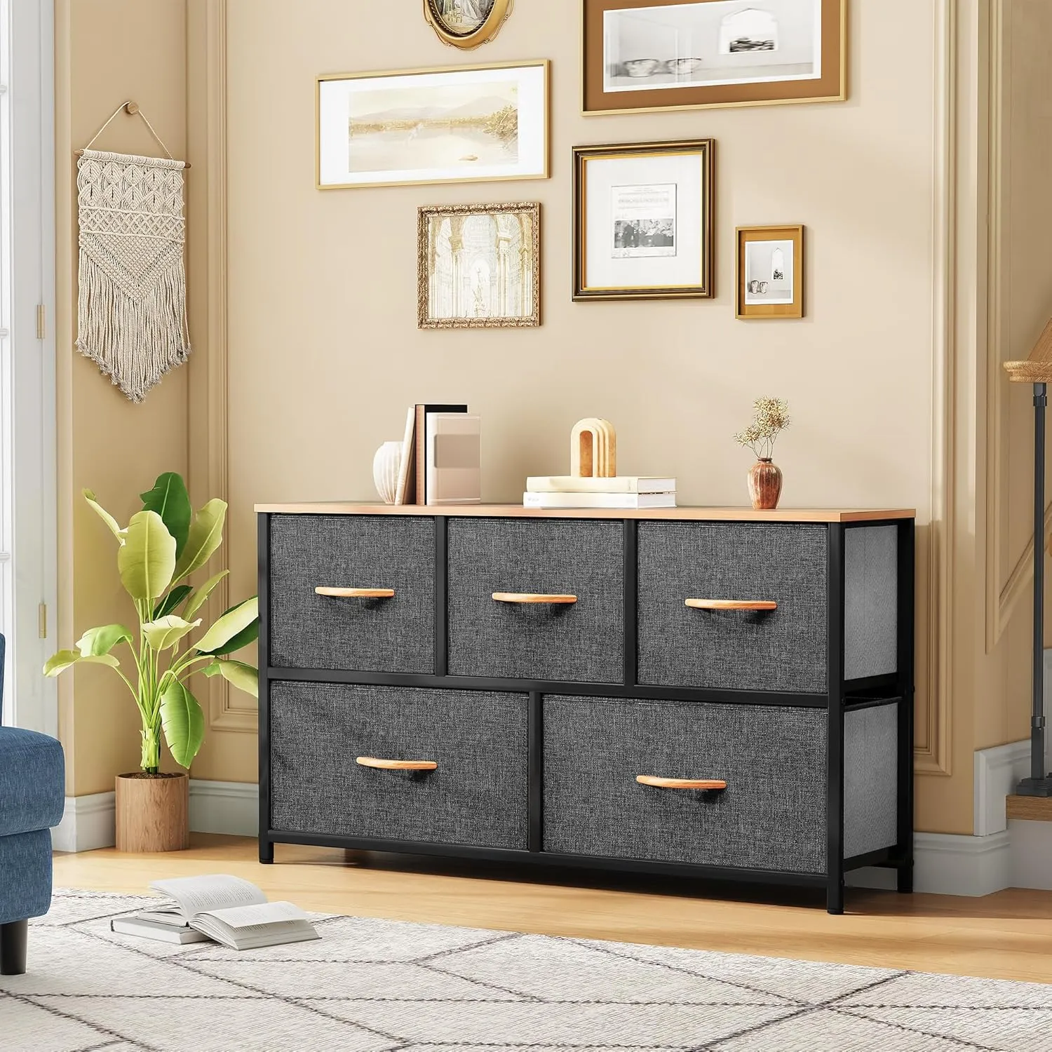 DWVO Dresser TV Stand, Fabric Tower with 5 Drawers, Dresser for Bedroom, Storage Tower, Chest of Drawers for Closet