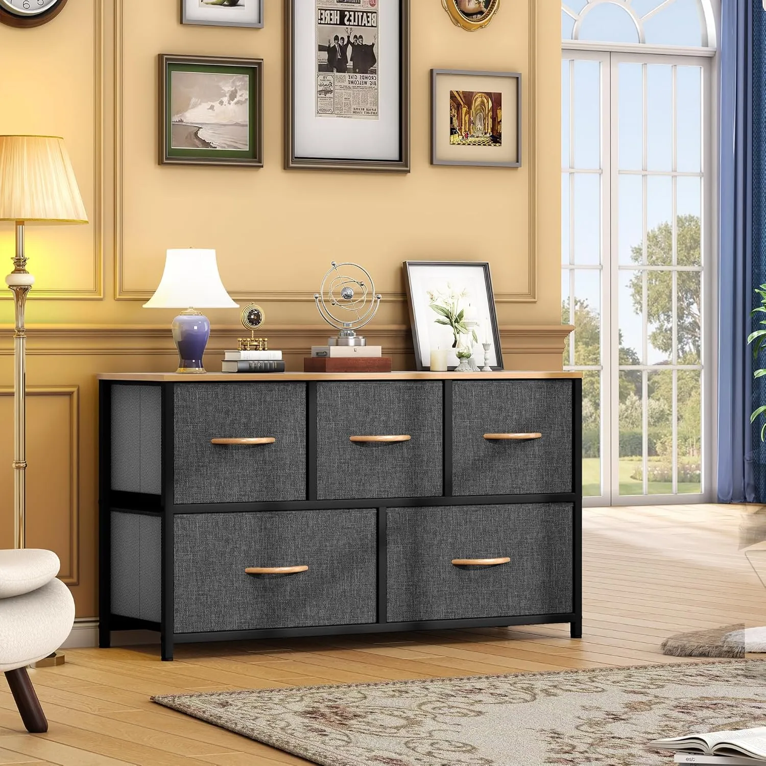DWVO Dresser TV Stand, Fabric Tower with 5 Drawers, Dresser for Bedroom, Storage Tower, Chest of Drawers for Closet