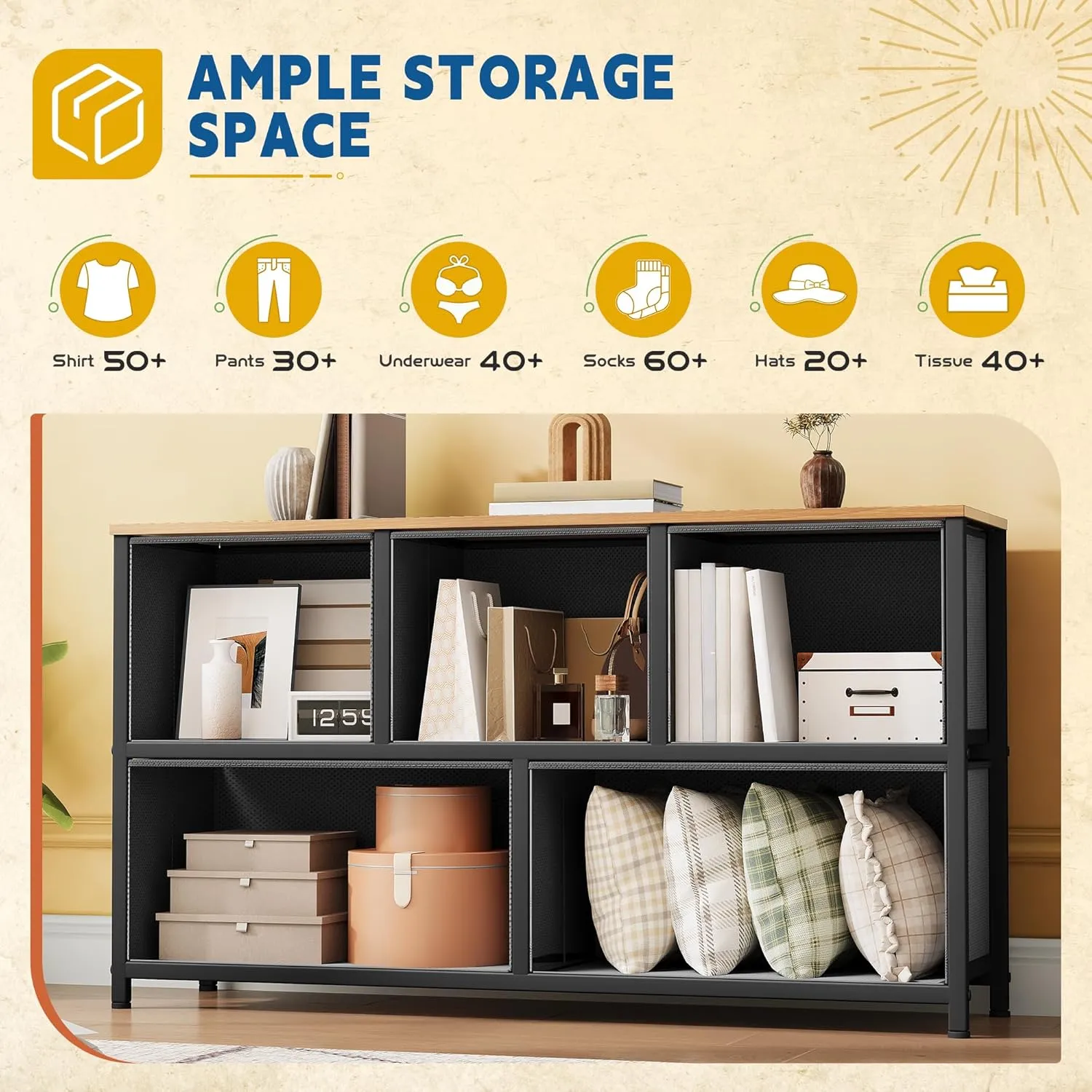 DWVO Dresser TV Stand, Fabric Tower with 5 Drawers, Dresser for Bedroom, Storage Tower, Chest of Drawers for Closet