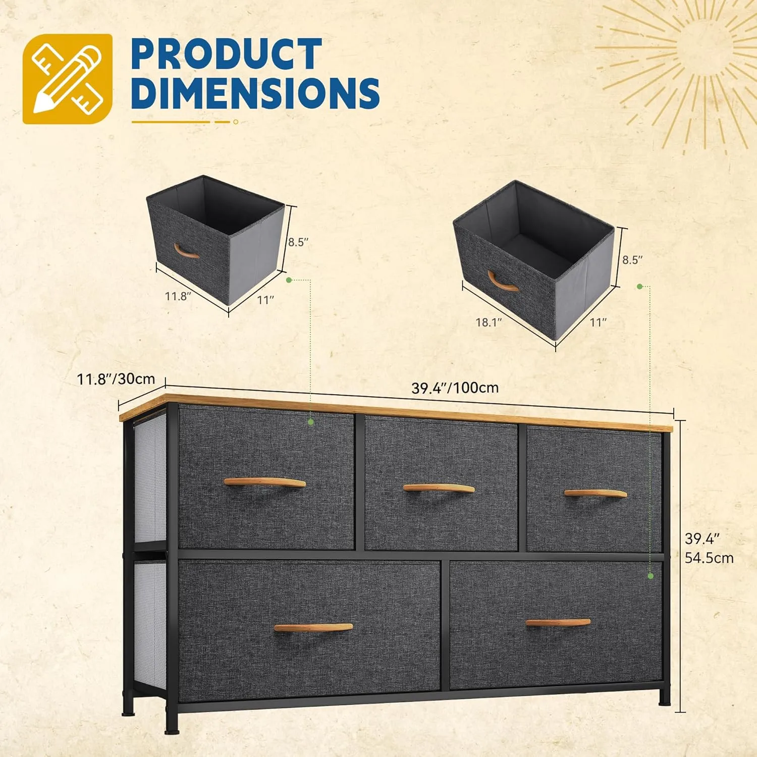 DWVO Dresser TV Stand, Fabric Tower with 5 Drawers, Dresser for Bedroom, Storage Tower, Chest of Drawers for Closet