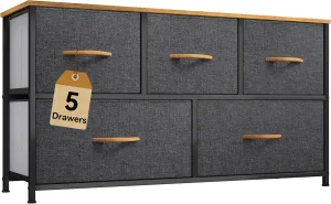 DWVO Dresser TV Stand, Fabric Tower with 5 Drawers, Dresser for Bedroom, Storage Tower, Chest of Drawers for Closet