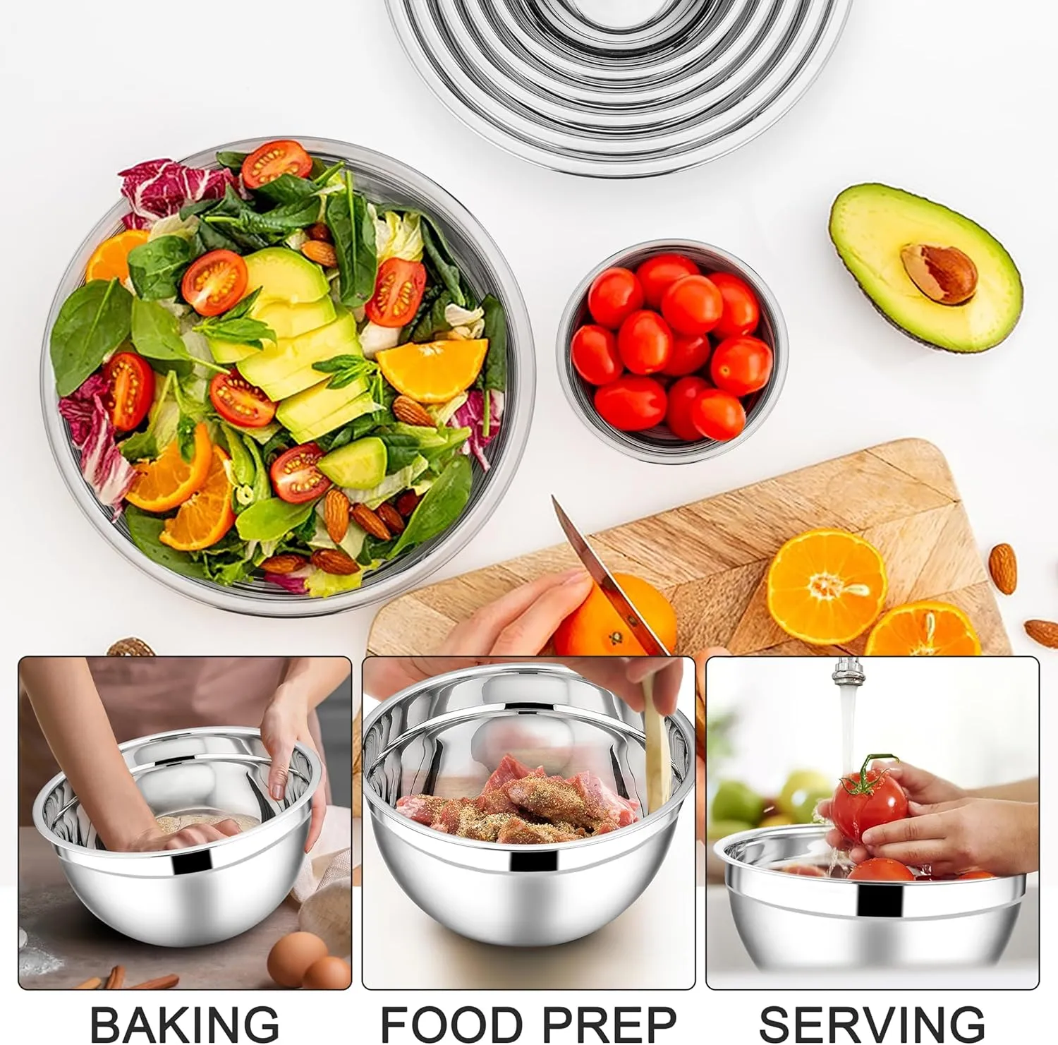 E-far Mixing Bowls with Lids Set, 7-Piece Stainless Steel Metal Mixing Bowls with 3 Grater Attachments, Size 4.6, 3.5, 2.6, 2, 1.5, 1, 0.7QT, Nesting Design & Black Airtight Lids, For Baking/Cooking