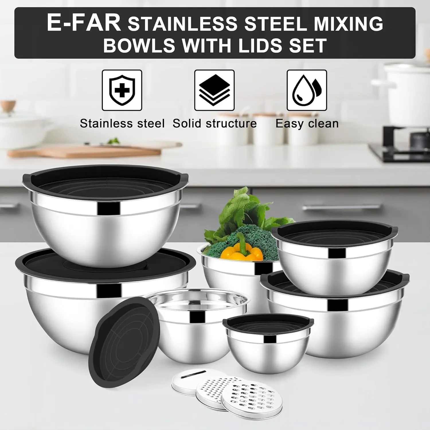 E-far Mixing Bowls with Lids Set, 7-Piece Stainless Steel Metal Mixing Bowls with 3 Grater Attachments, Size 4.6, 3.5, 2.6, 2, 1.5, 1, 0.7QT, Nesting Design & Black Airtight Lids, For Baking/Cooking