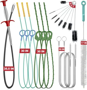 EastLink Drain Snake 18 Set: 35.5" Drain Clog Remover (x1), 30" Steel Hair Snake (x3), 30" PET Sink Snake (x3), 59" Tube Drain Brush (x2), 17" Dryer Vent Cleaner Brush (x1), Straw Cleaner Brush (x8)