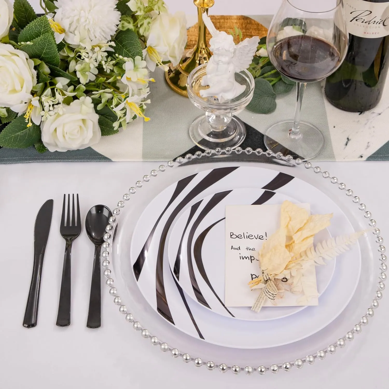 EI 60pcs White and Black Plastic Plates,Plastic Plates for Party,Black Rim Plastic Plates,Plastic Dinner Plates,Dessert Plates Plastic, Disposabe Plates for Party, Birthday, Wedding
