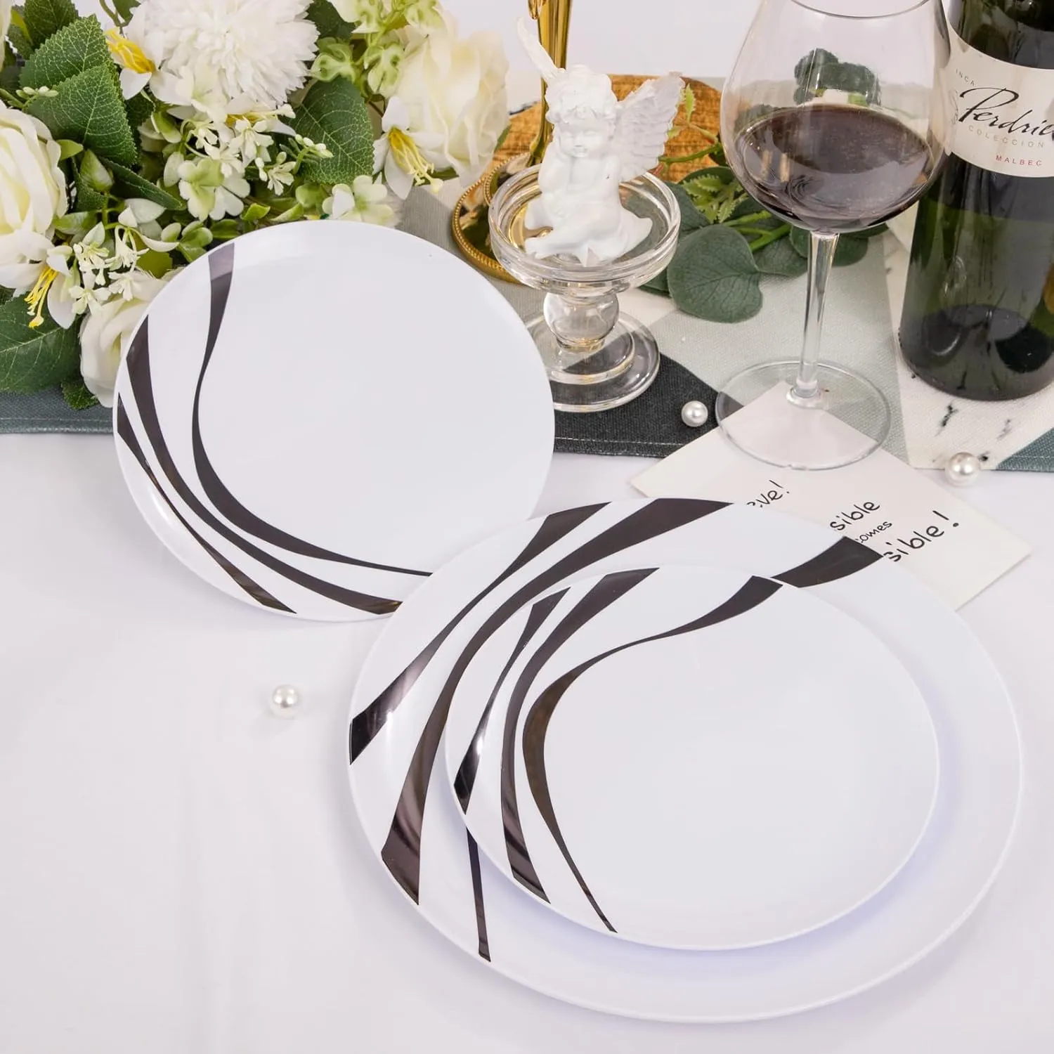 EI 60pcs White and Black Plastic Plates,Plastic Plates for Party,Black Rim Plastic Plates,Plastic Dinner Plates,Dessert Plates Plastic, Disposabe Plates for Party, Birthday, Wedding