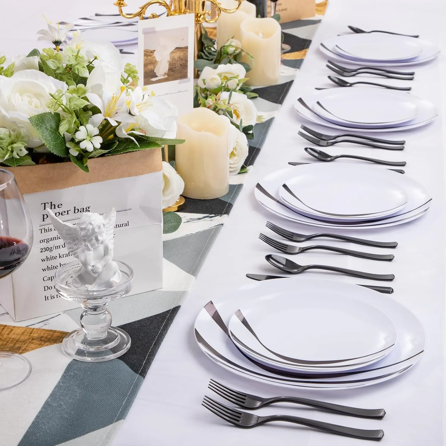 EI 60pcs White and Black Plastic Plates,Plastic Plates for Party,Black Rim Plastic Plates,Plastic Dinner Plates,Dessert Plates Plastic, Disposabe Plates for Party, Birthday, Wedding