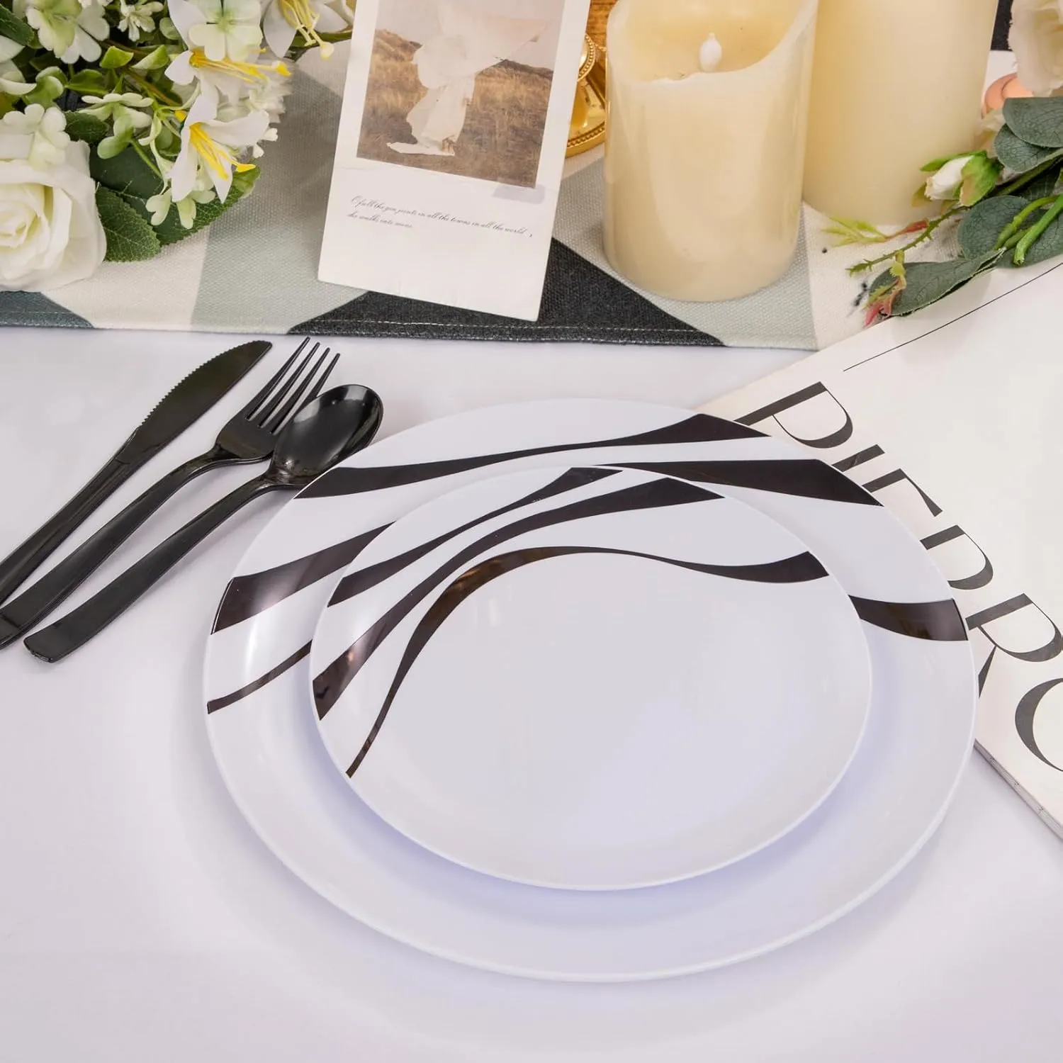 EI 60pcs White and Black Plastic Plates,Plastic Plates for Party,Black Rim Plastic Plates,Plastic Dinner Plates,Dessert Plates Plastic, Disposabe Plates for Party, Birthday, Wedding