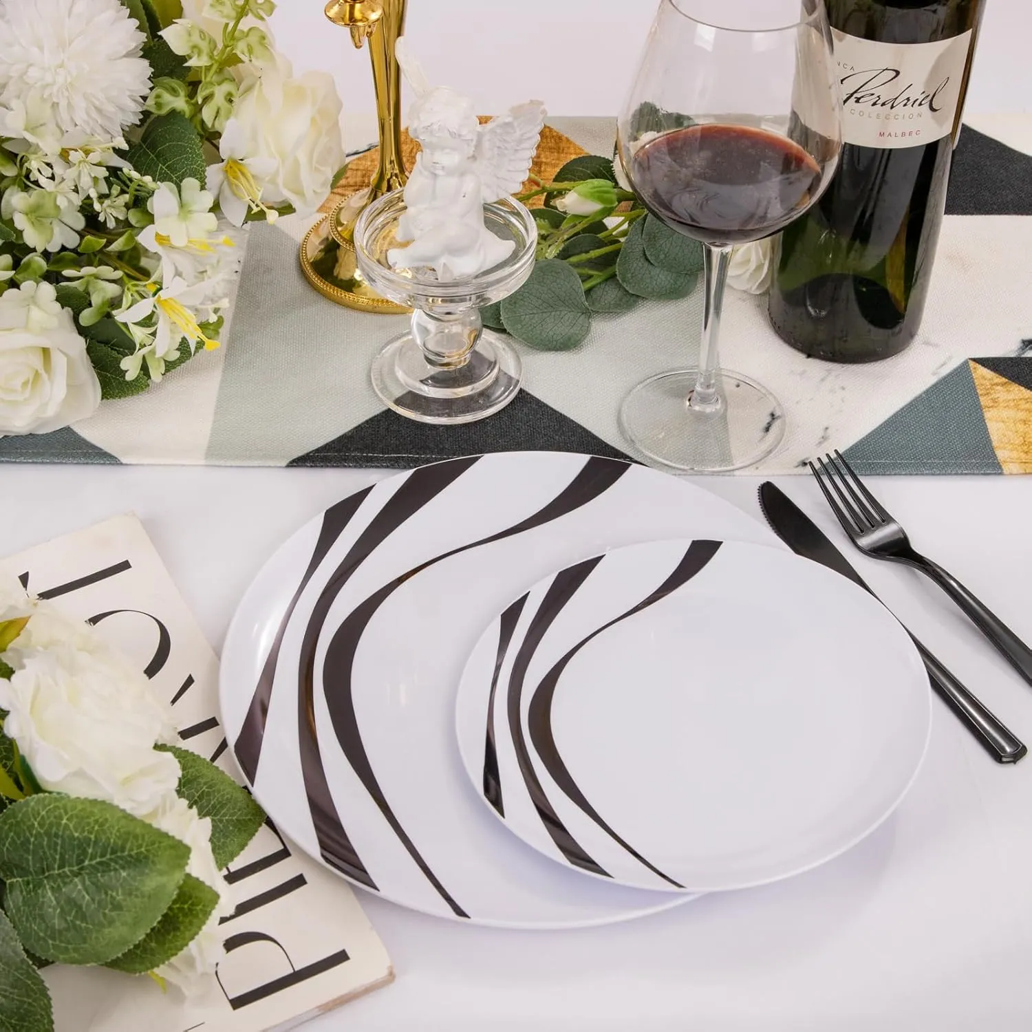 EI 60pcs White and Black Plastic Plates,Plastic Plates for Party,Black Rim Plastic Plates,Plastic Dinner Plates,Dessert Plates Plastic, Disposabe Plates for Party, Birthday, Wedding