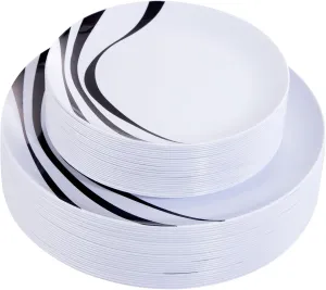 EI 60pcs White and Black Plastic Plates,Plastic Plates for Party,Black Rim Plastic Plates,Plastic Dinner Plates,Dessert Plates Plastic, Disposabe Plates for Party, Birthday, Wedding