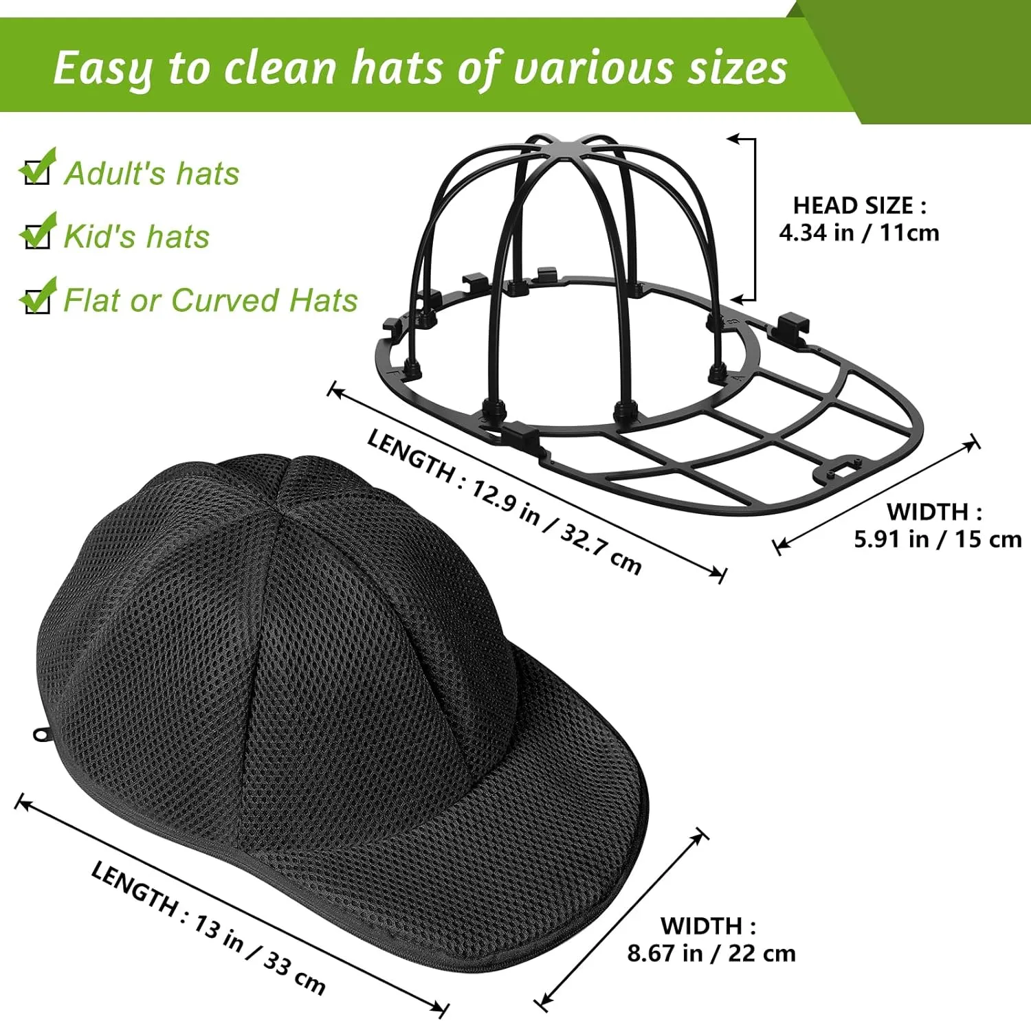 Eiito Hat Washer Cage, Hat Washer for Baseball Caps, Hats Washing Machine with Frame and Washers Bag, Keep the Hats in Shape, Suitable for Adult and Kid's 2 Pack Black