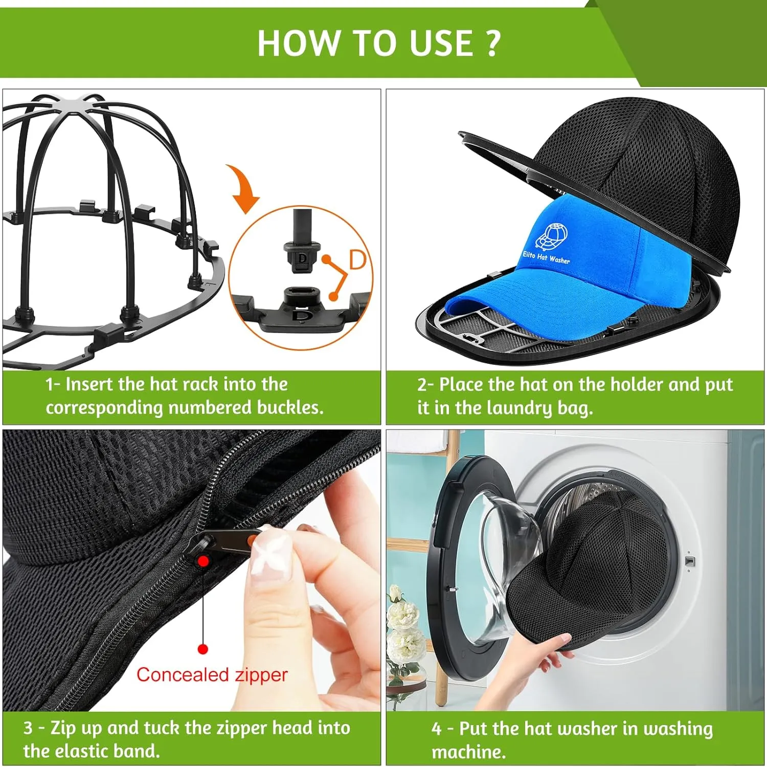 Eiito Hat Washer Cage, Hat Washer for Baseball Caps, Hats Washing Machine with Frame and Washers Bag, Keep the Hats in Shape, Suitable for Adult and Kid's 2 Pack Black
