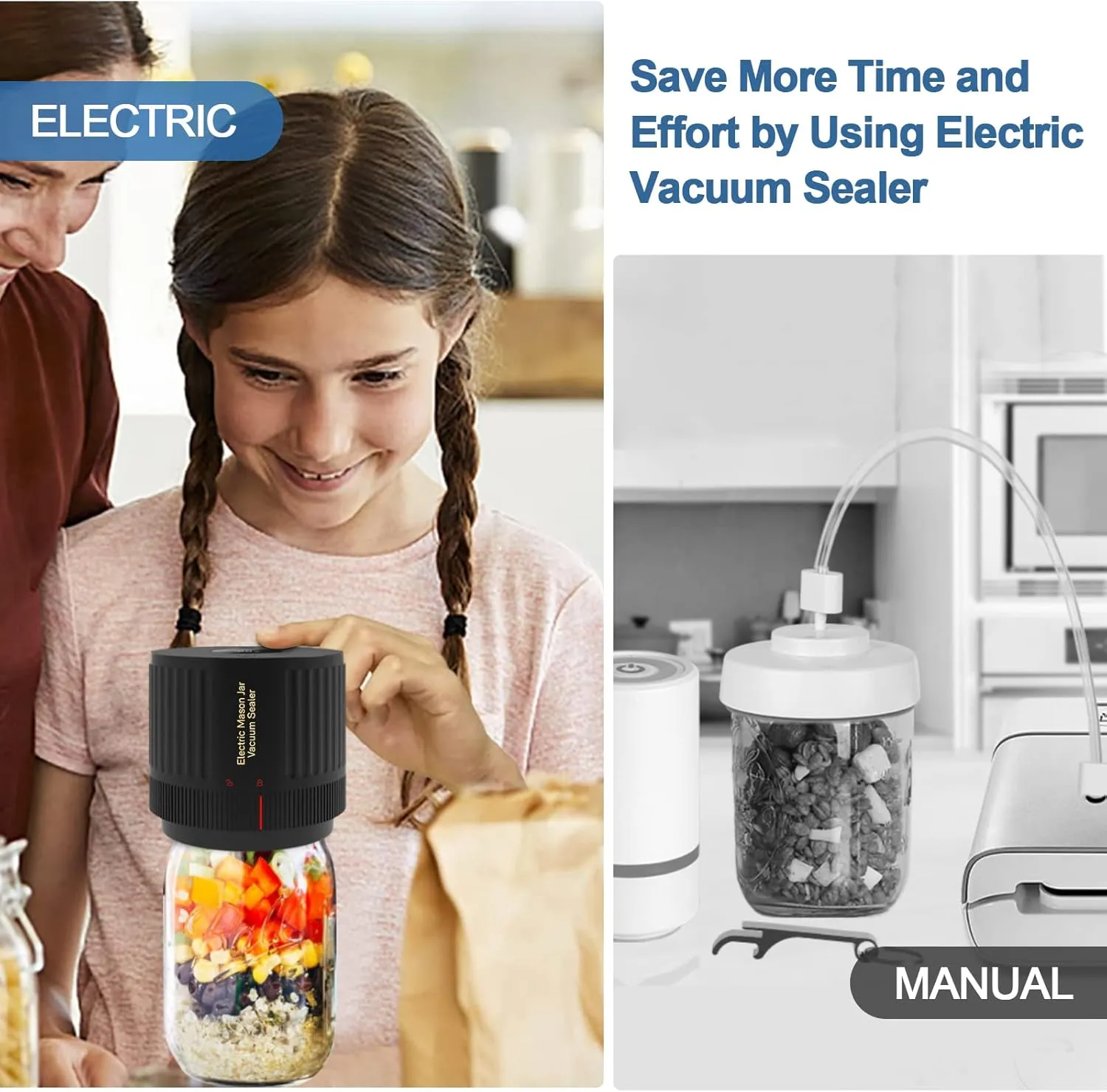 Electric Mason Cordless Vacuum Sealer Kit for Wide-Mouth & Regular-Mouth Mason Jars, for Food Storage and Fermentation, Black