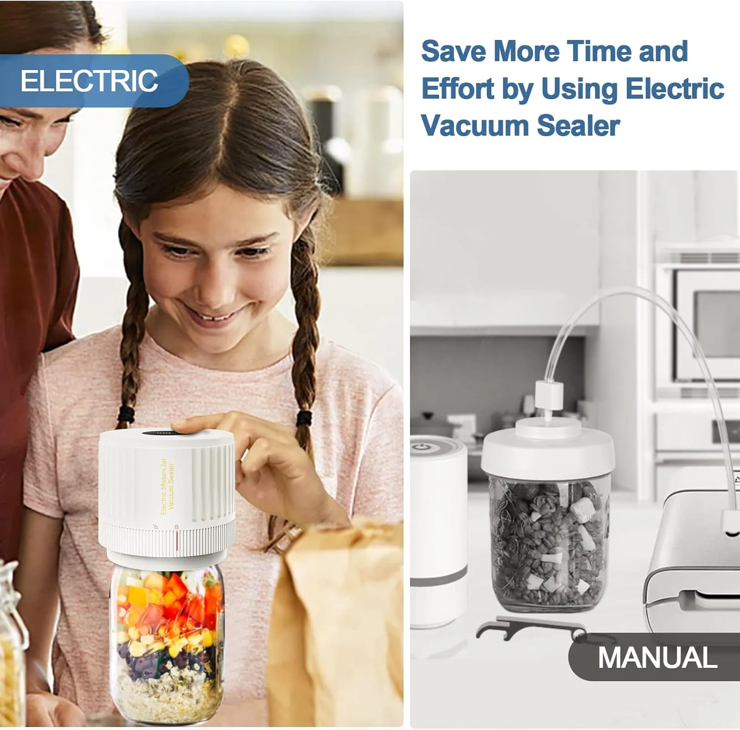 Electric Mason Jar Vacuum Sealer, Cordless Vacuum Sealer Kit for Wide-Mouth & Regular-Mouth Mason Jars, for Food Storage and Fermentation, White