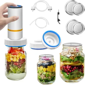 Electric Mason Jar Vacuum Sealer Kit ,Handheld Food Vacuum Sealer and Accessory Hose Set for Food Storage with Regular & Wide Mouth Mason Jars ,Kitchen Tools